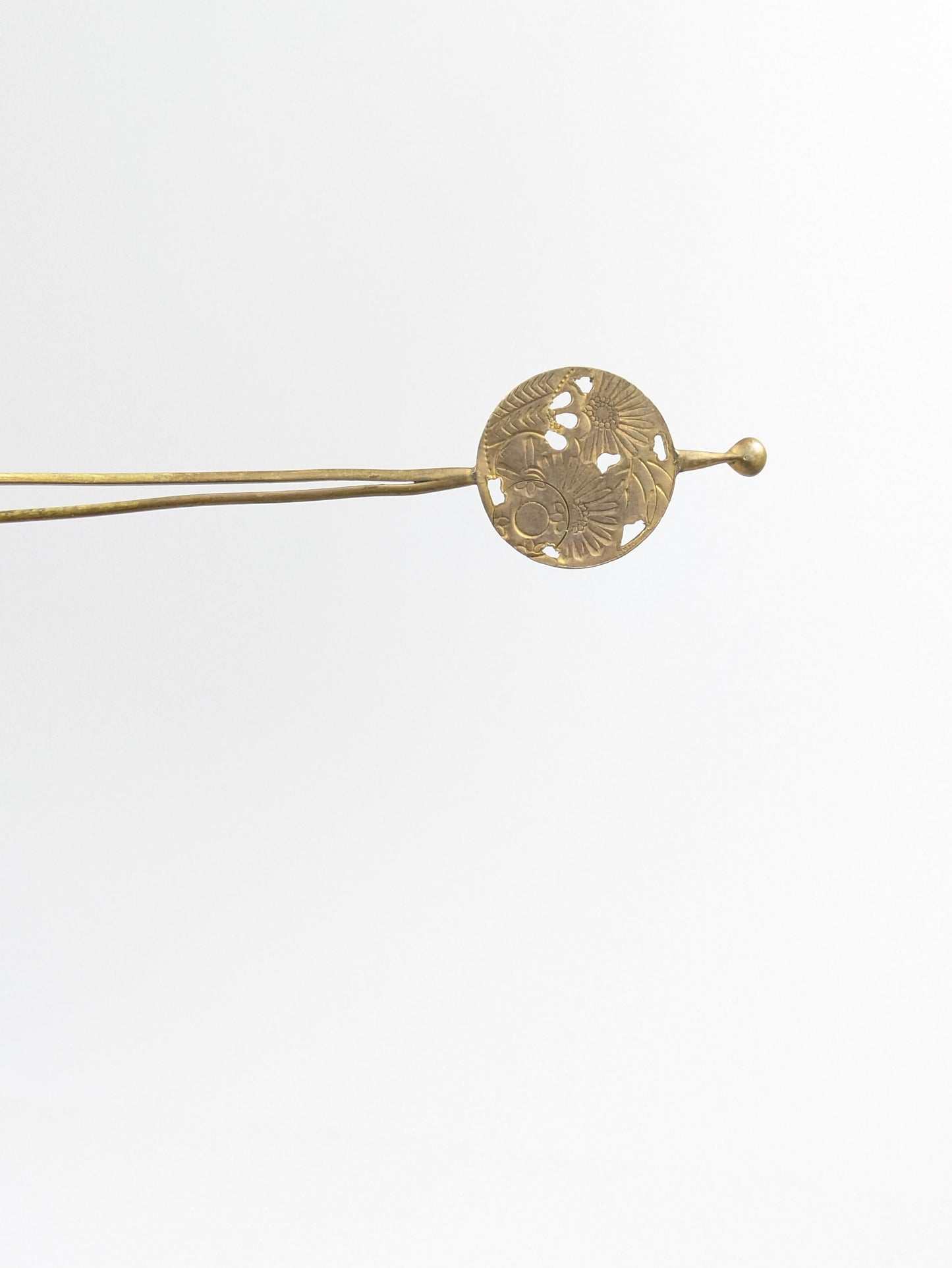 Antique Japanese Round Kanzashi Geisha Hairpiece Bronze Daisies & Tenko Drum 7" Hairpin Mimikake Style