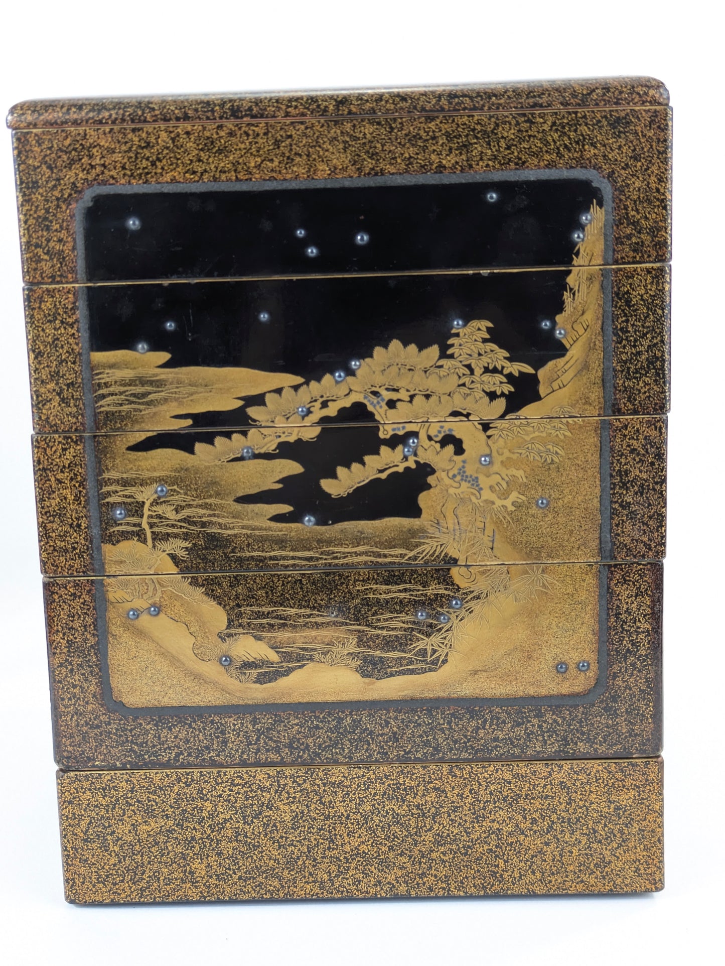 Antique Japanese Very Rare Edo Period 17/18 Century Lacquered Picnic Sake Set (Kazaribako) Hanami (Cherry Blossom Viewing) Caddy w Gold Maki-E & Silver “Dew” Studs LS#140
