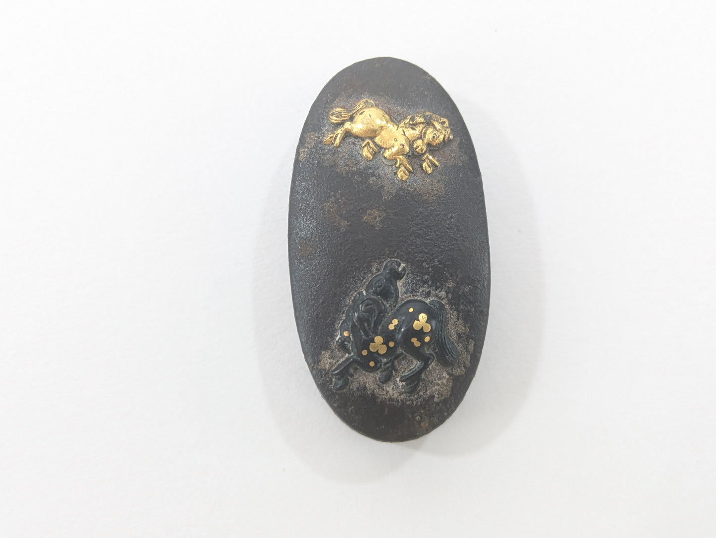 Antique Japanese Edo-Period Sword Katana Fuchi & Kashira Samurai in Gold on Shakudō,
