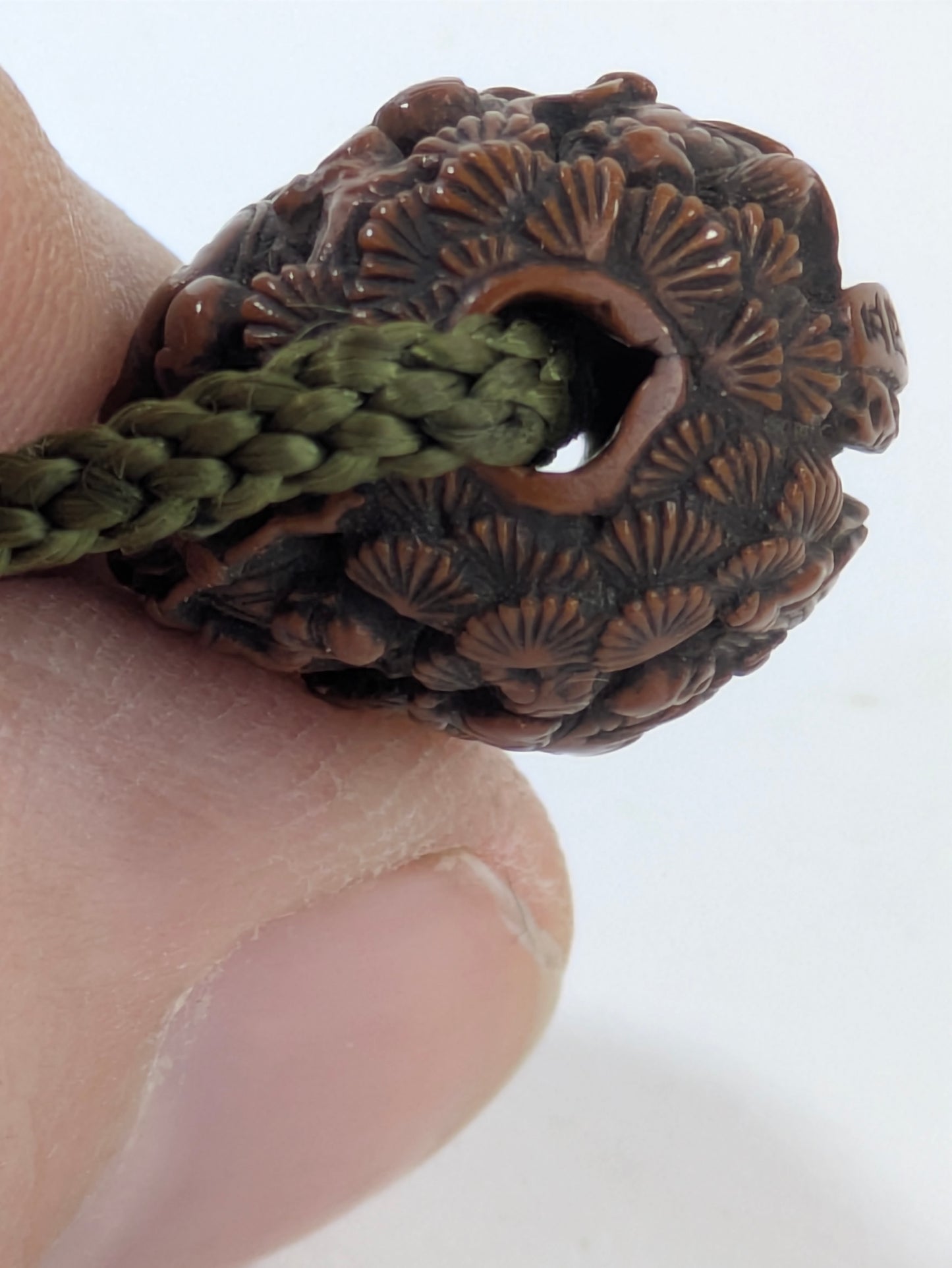 Antique Japanese Hand Carved Wooden Ojime Bead w/ Tiny Mountain Monks Motif .75"