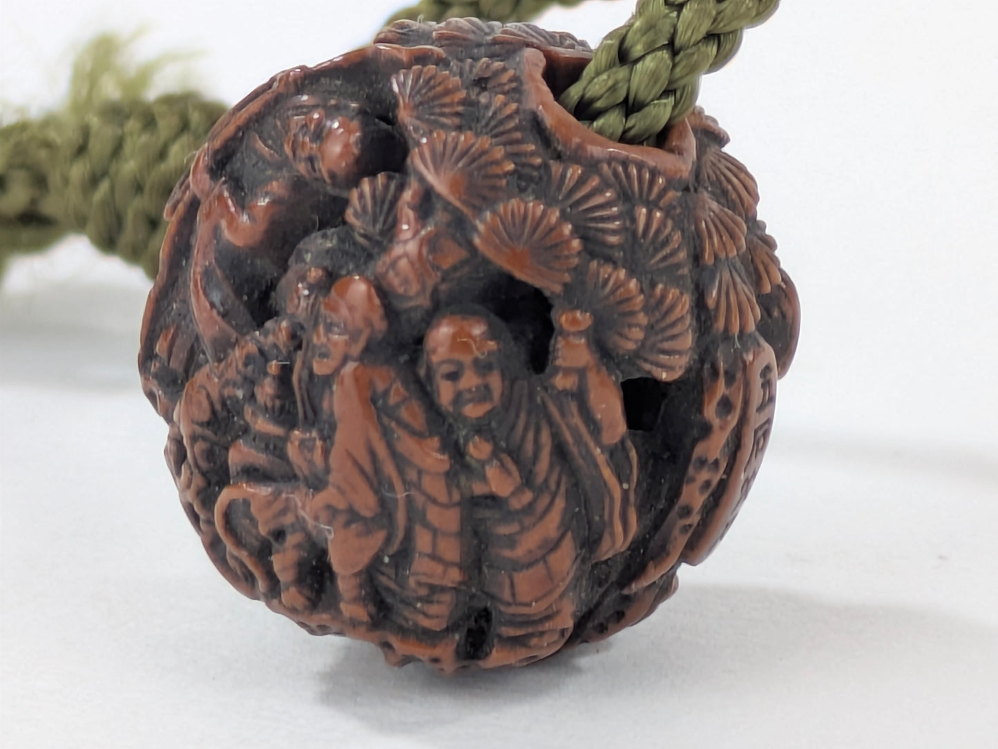 Antique Japanese Hand Carved Wooden Ojime Bead w/ Tiny Mountain Monks Motif .75"