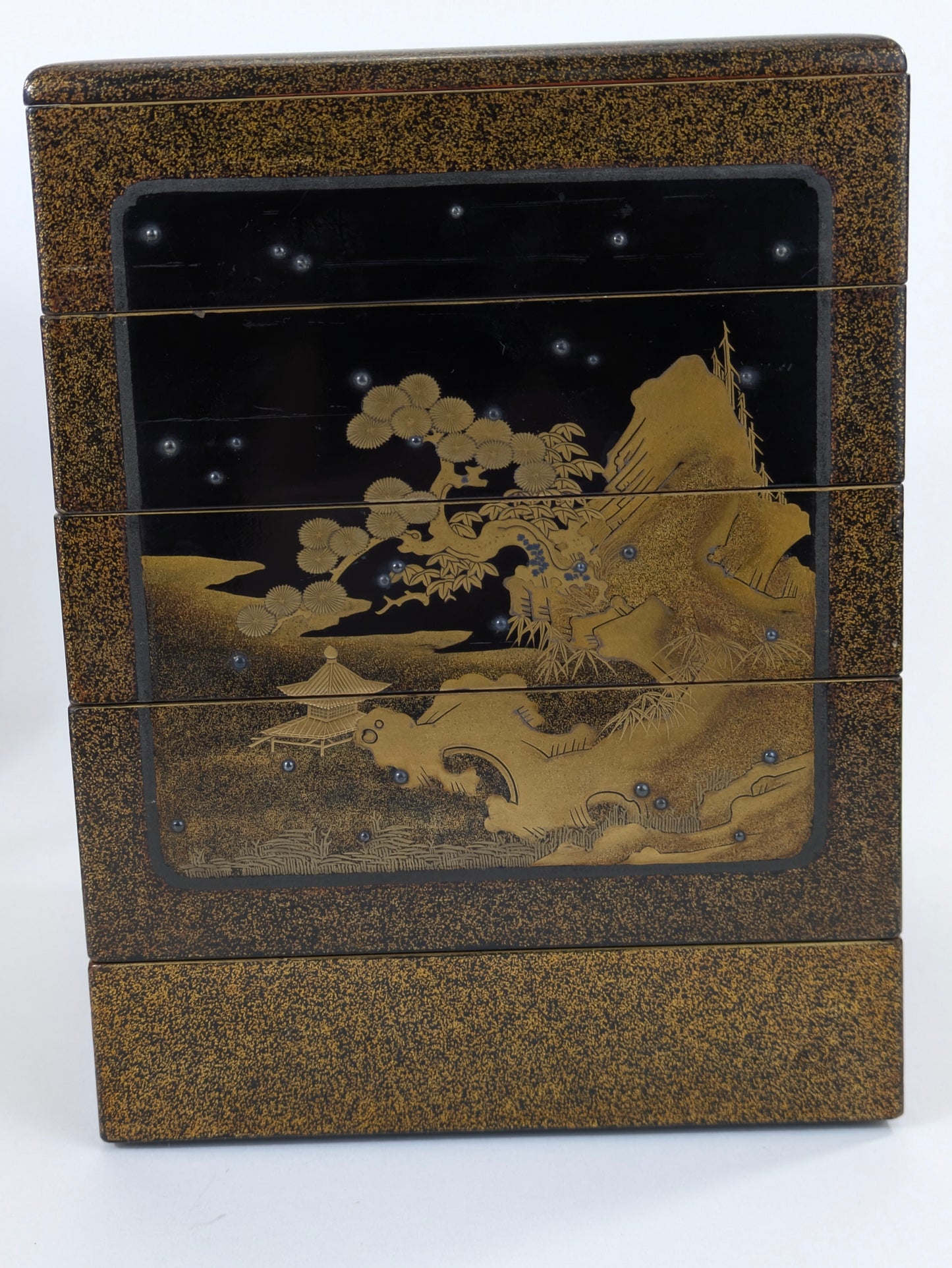 Antique Japanese Very Rare Edo Period 17/18 Century Lacquered Picnic Sake Set (Kazaribako) Hanami (Cherry Blossom Viewing) Caddy w Gold Maki-E & Silver “Dew” Studs LS#140