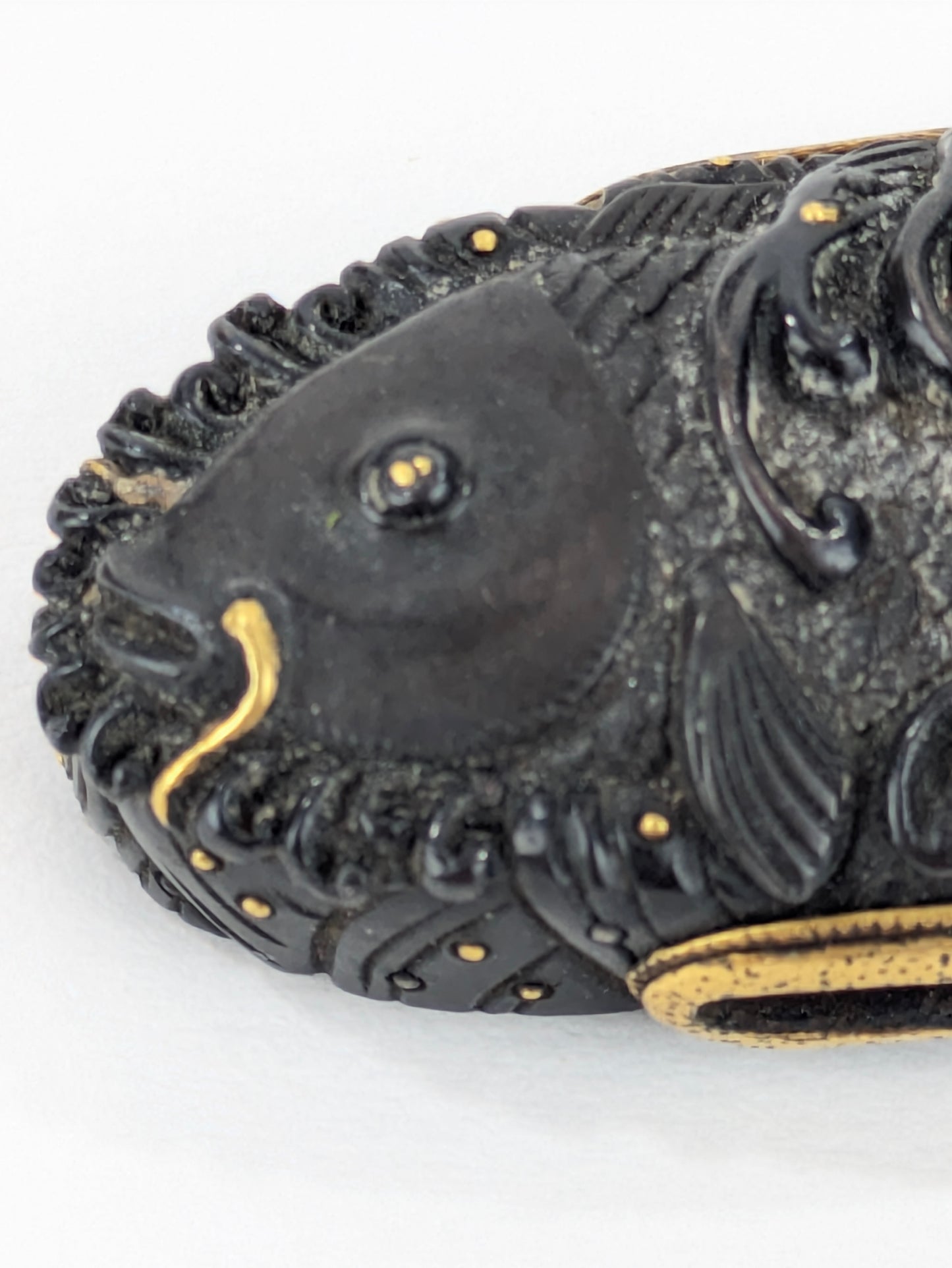 Antique Japanese Edo-Period Sword Katana Kashira Koi in Waves on Shakudō,