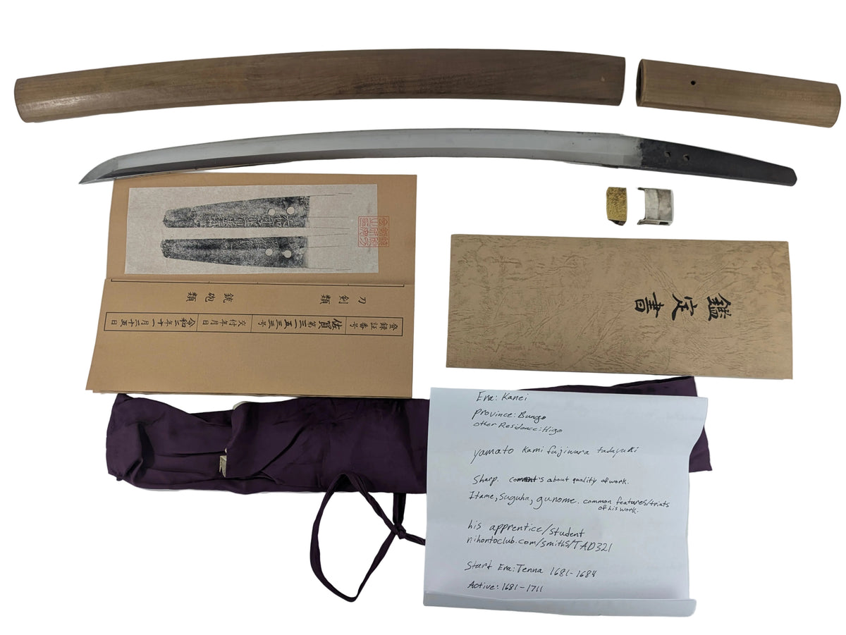Antique Japanese Wakazashi Short Sword by Yamato no Kami Fujiwara Tadayuki w/ Papers