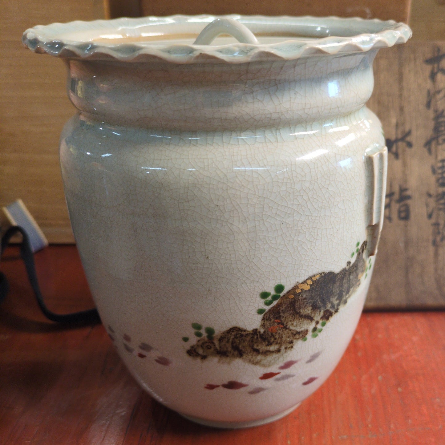 Vintage Japanese Mizusashi Water Vessel Plum Blossoms Motif w/ Box for Tea Ceramony "