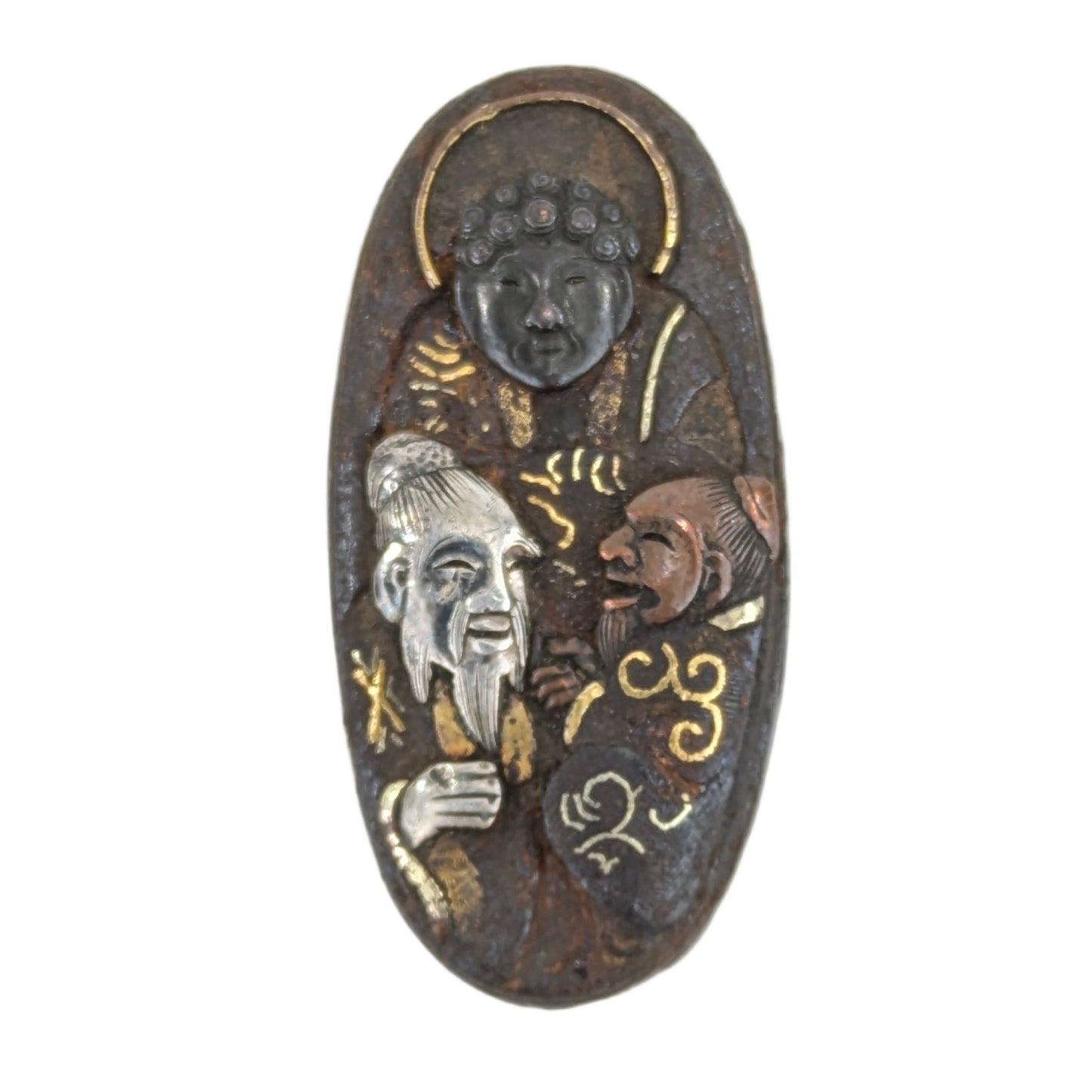 Japanese Samurai Sword Kashira Gold Ornament 19c Buddha Confucius Lao-Tze LS #074