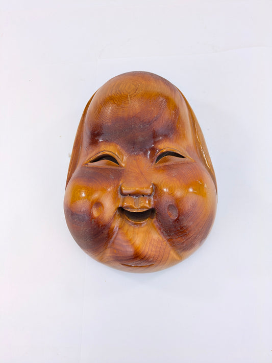 Vintage Japanese Okame Mask – Otafuku “Goddess of Laughter” – Folk & Kyōgen Theater Wood Handmade