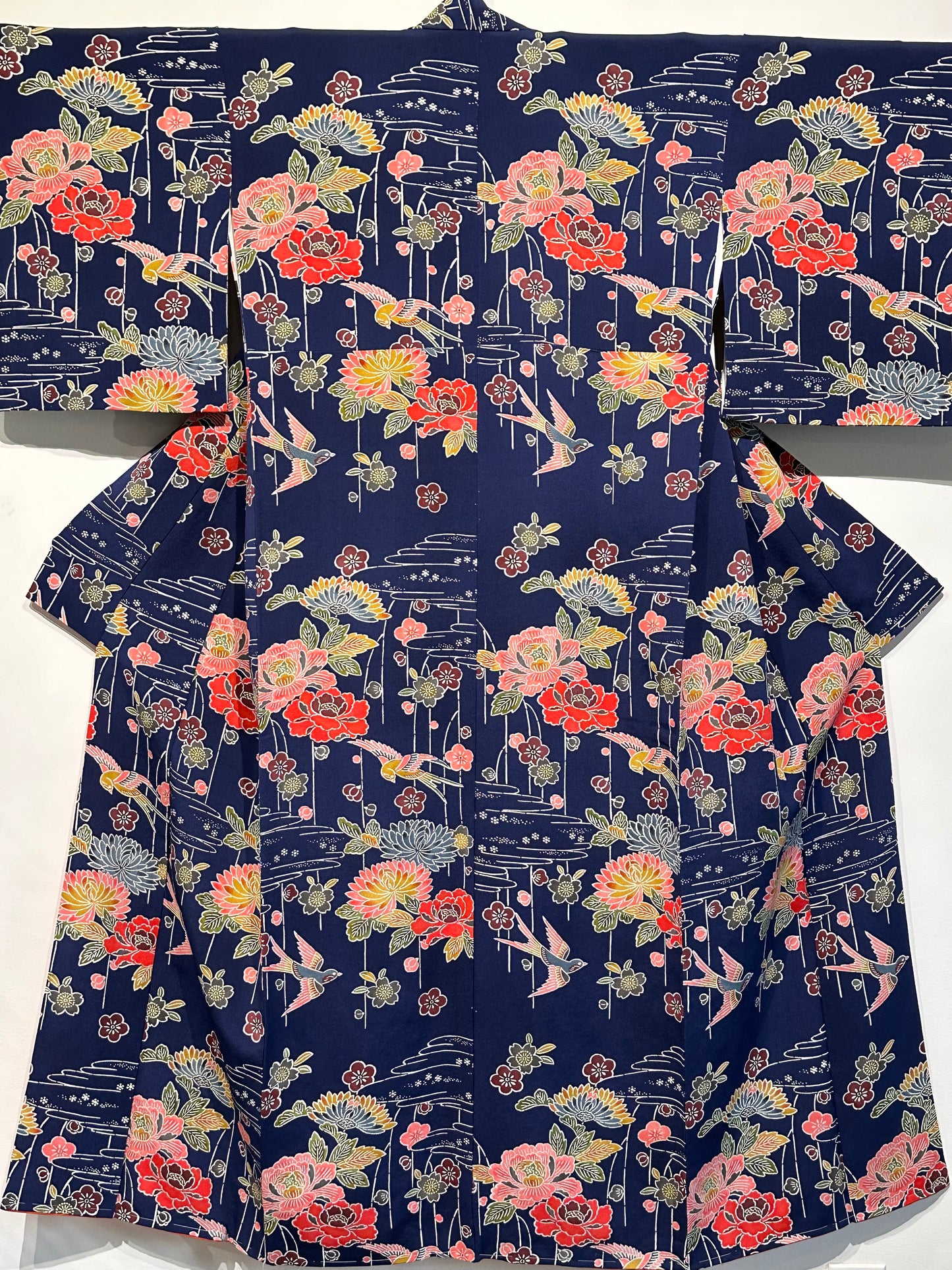 Japanese Chirimen Silk Houmongi Kimono w/ Sparrows & Peonies Dark Blue