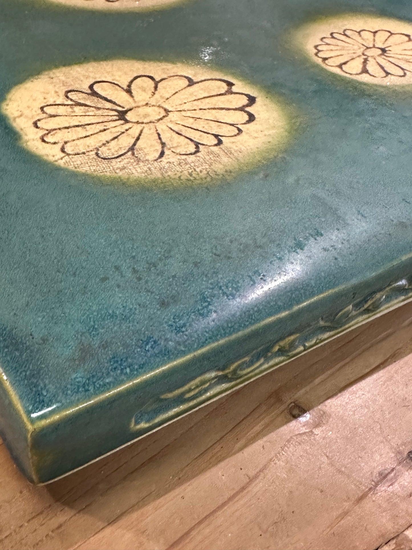 Vintage Japanese Oribe-ware Sokogawara Tile Tea Ceremony Furo 11"