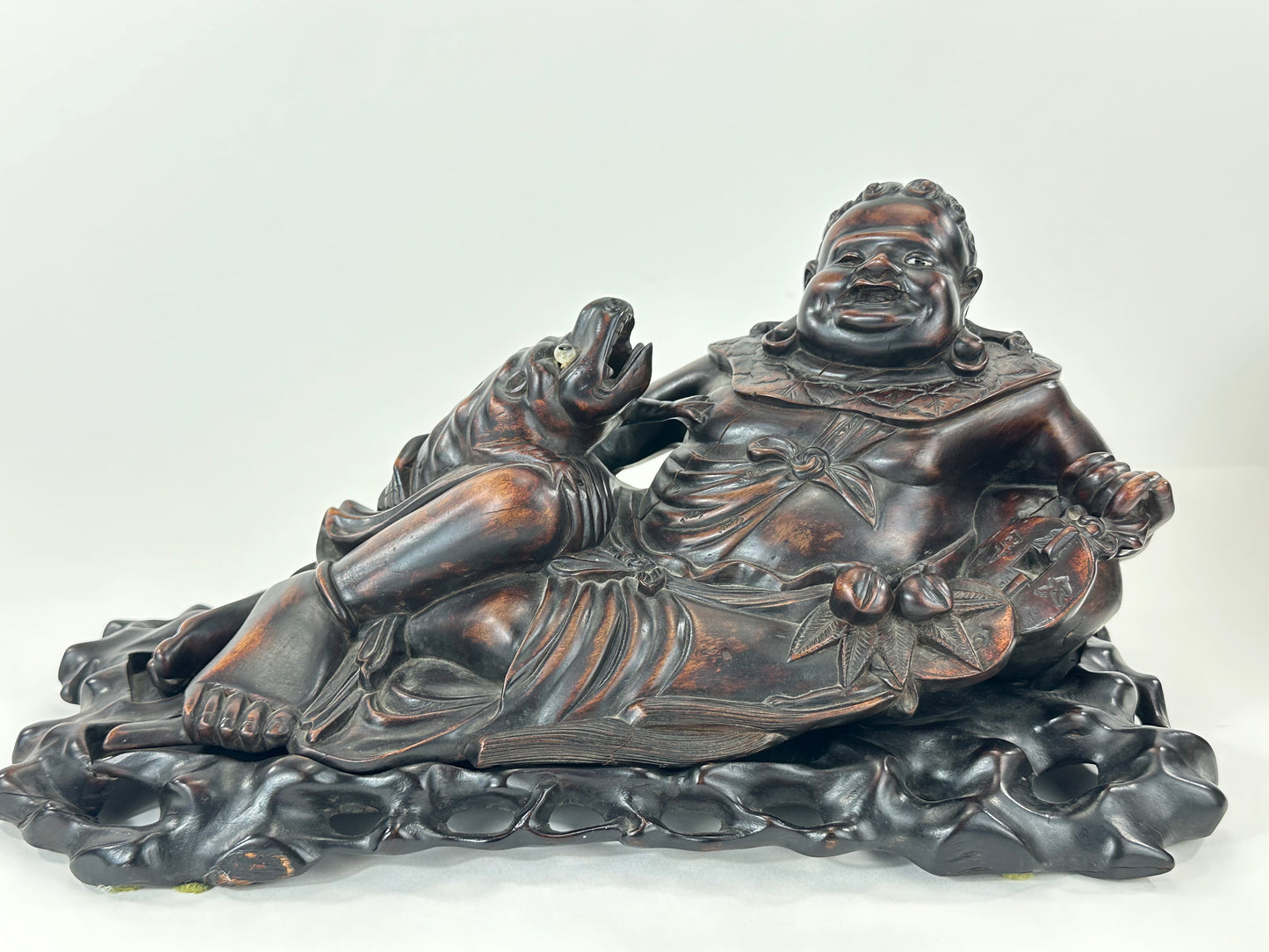 Chinese Hongmu Reclining Budai / Hotei with Three-Legged Lucky Frog – 16"