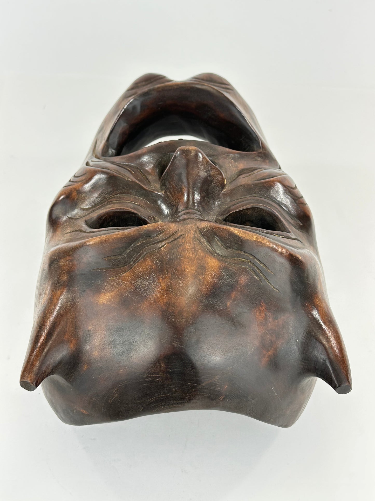 Vintage Japanese c1950's Folk Art Oni Mask Hand Carved Wood Wall Hanging 13"