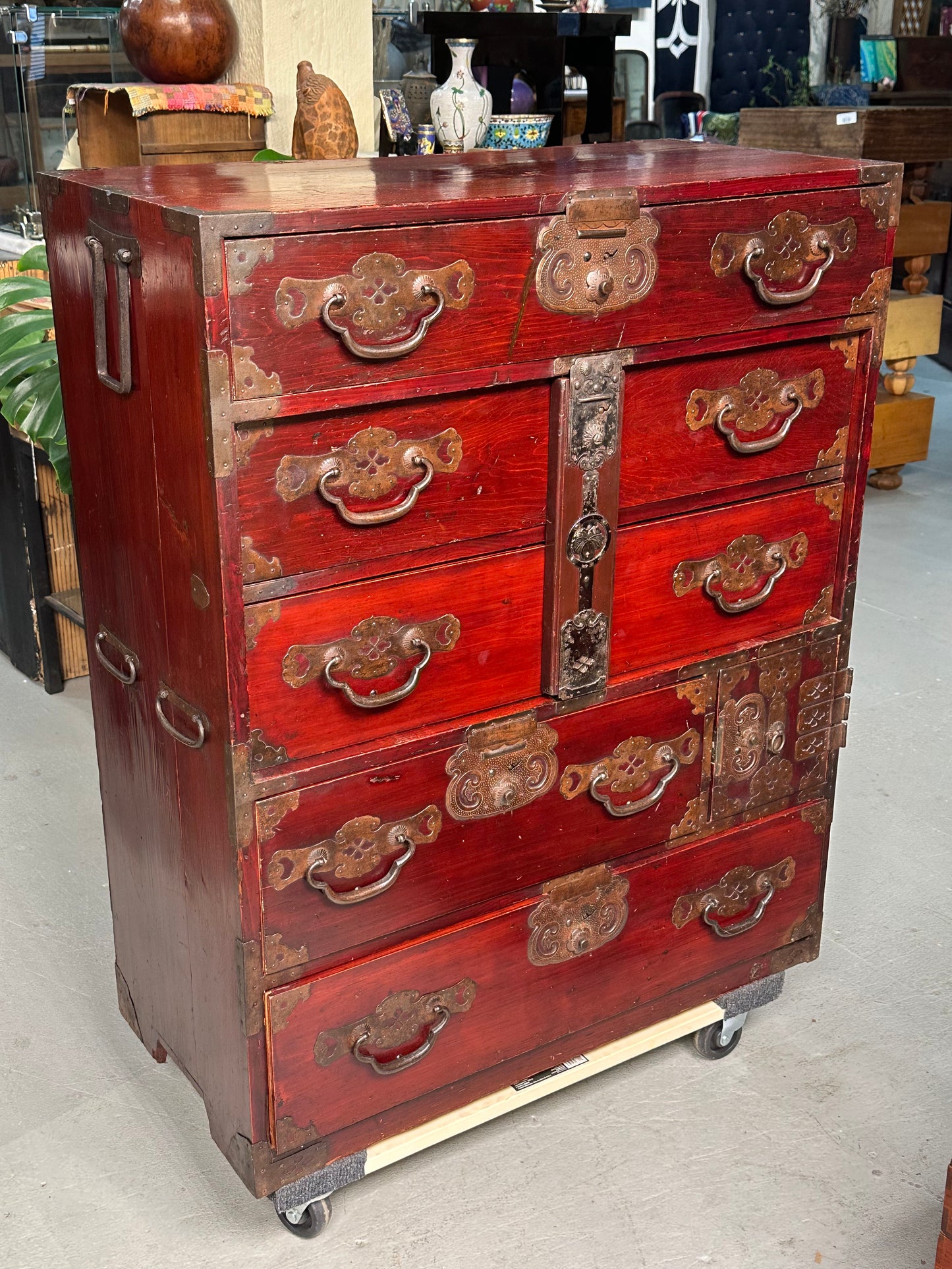 Antique Japanese Meiji Era c1890's Matsumoto Tansu Persimmon & Vermilion Finish 41"H