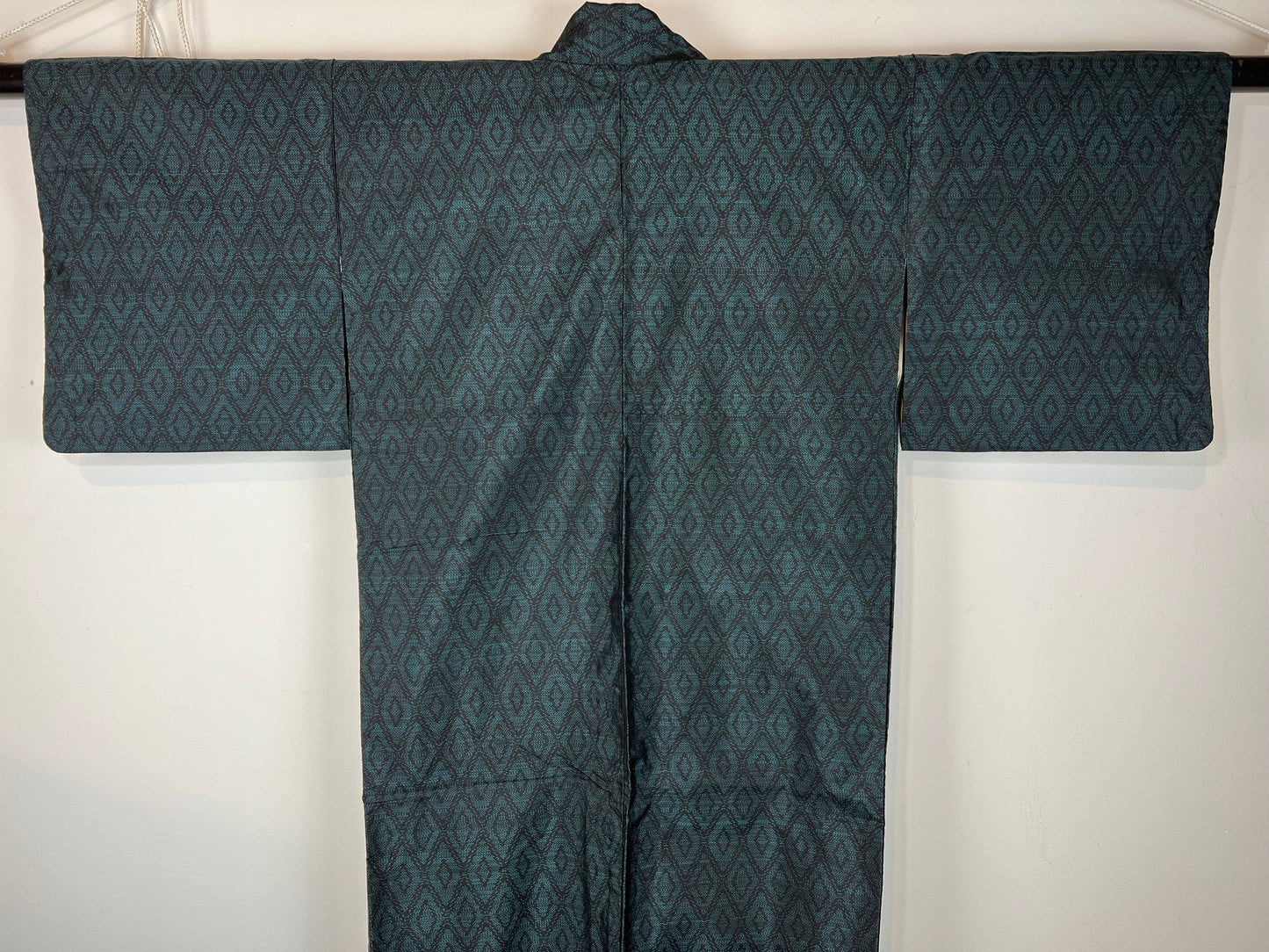 Vintage Japanese Silk Kimono Emerald Green Diamond Pattern 60"L