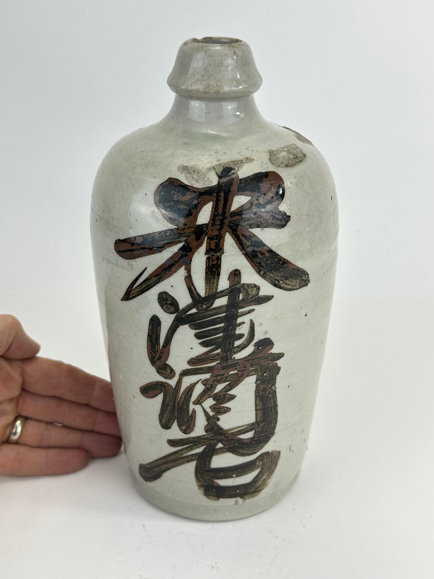 Antique Japanese 1800's Tokkuri Sake Jug Calligraphy Ceramic Mingei Vase 10"