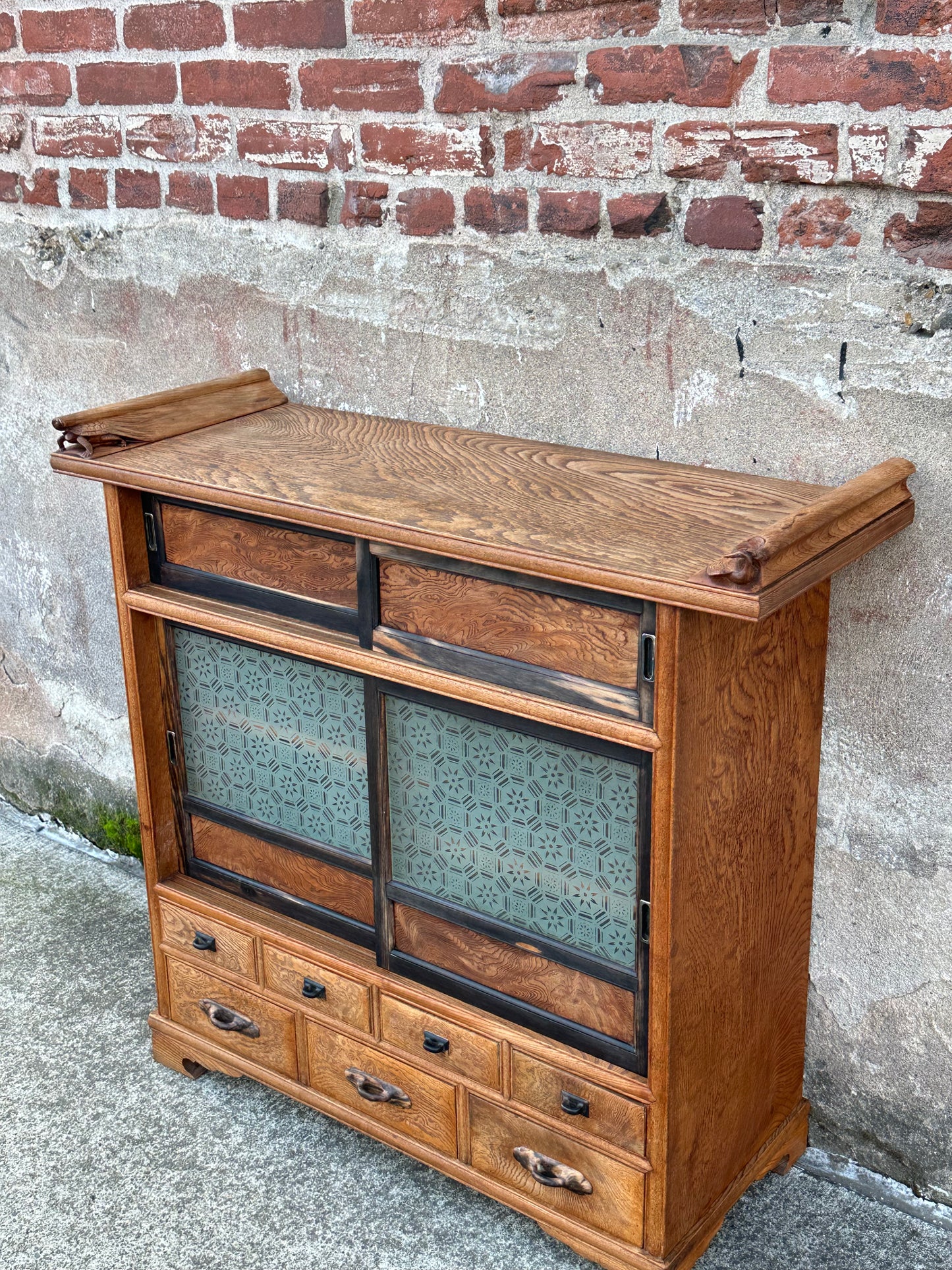 Rare Antique Japanese Keyaki Chadansu c1937 Cabinet Carved Crane & Turtle Finials Persimmon Trim 36"W