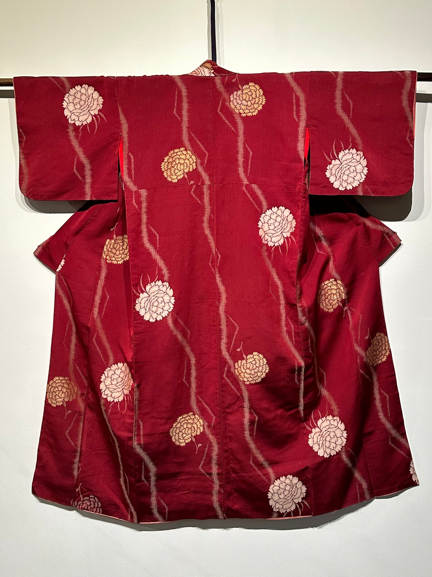 Vintage Japanese Red Silk Kimono w/ Peonie Motif