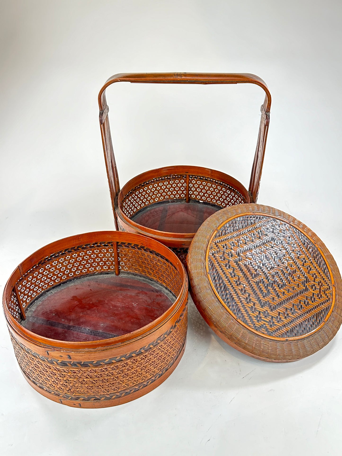 Vintage Chinese 2 Tiered Wedding/Dowry Lacquer Rattan Basket/Box