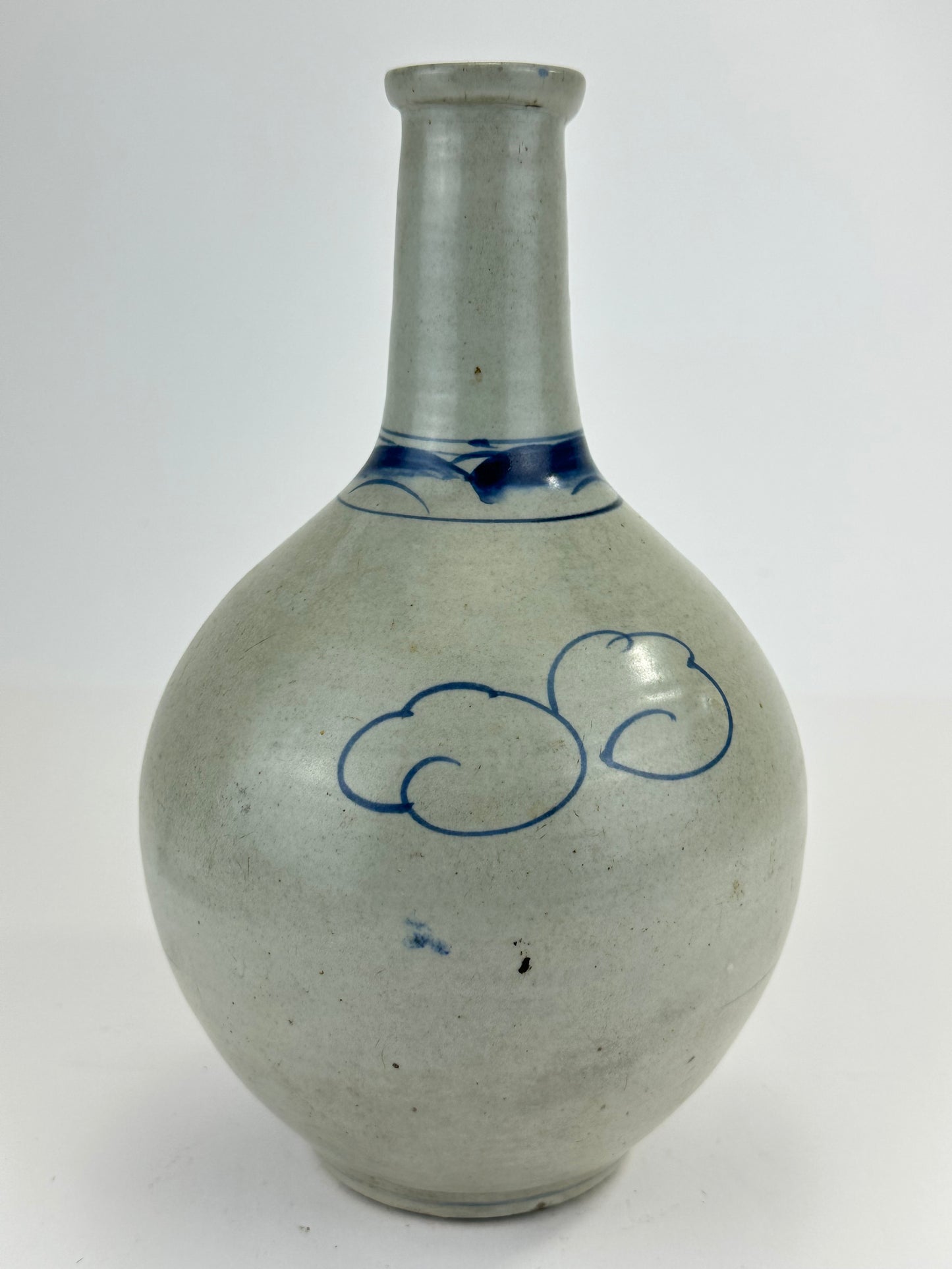 Antique Japanese Blue and White Porcelain Tokkuri with Grass Motif 10"