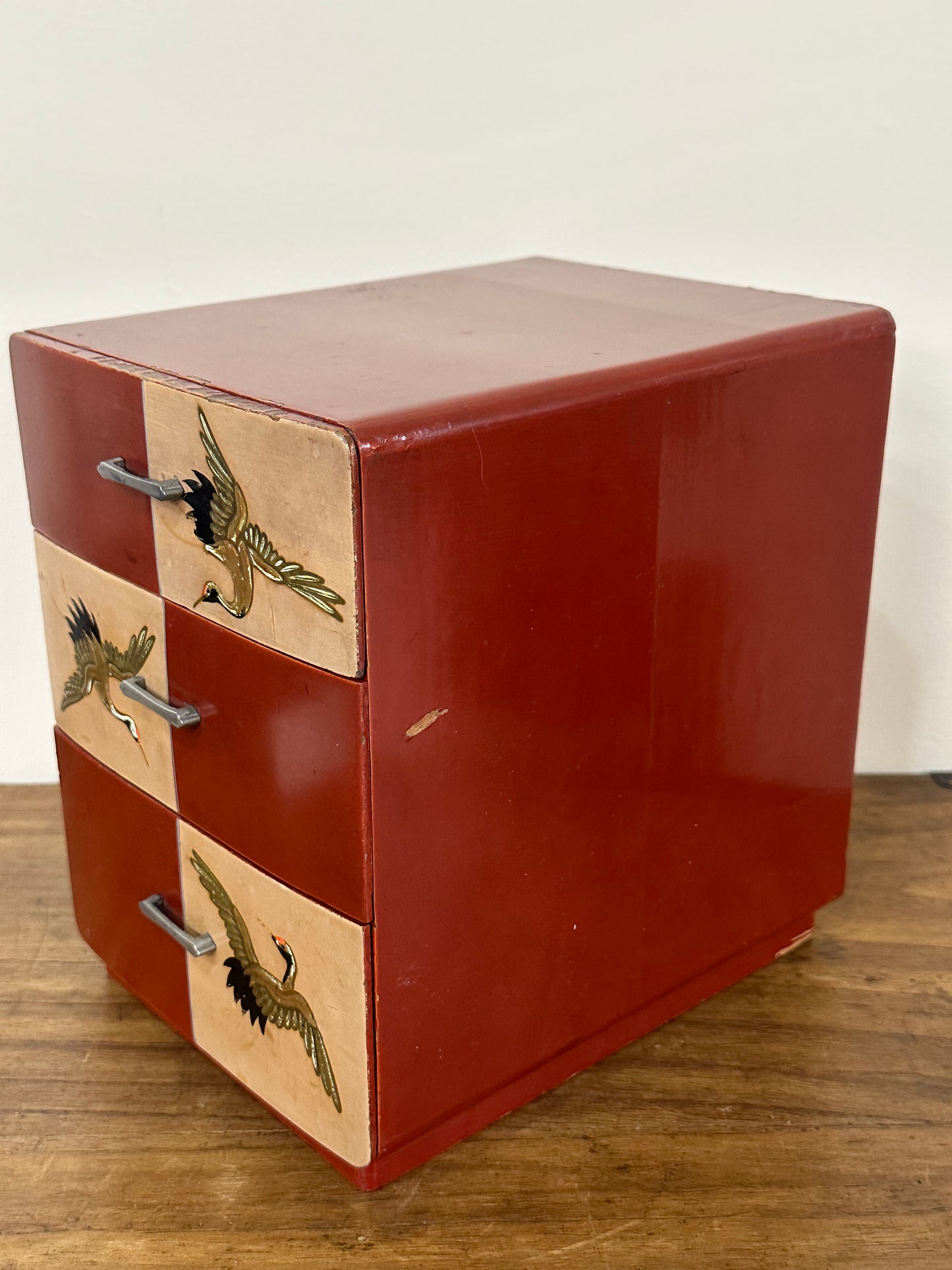 Vintage Japanese Red Lacquer Kodansu Personal Box Crane Motif c1930's 7"W