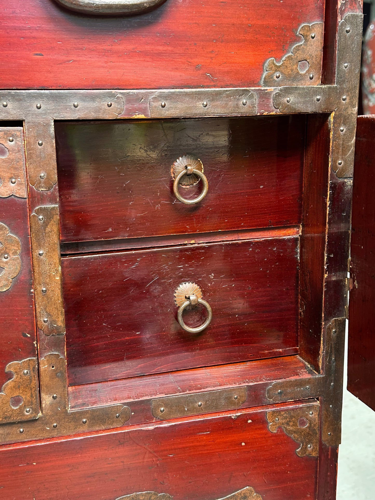 Antique Japanese Meiji Era c1890's Matsumoto Tansu Persimmon & Vermilion Finish 41"H