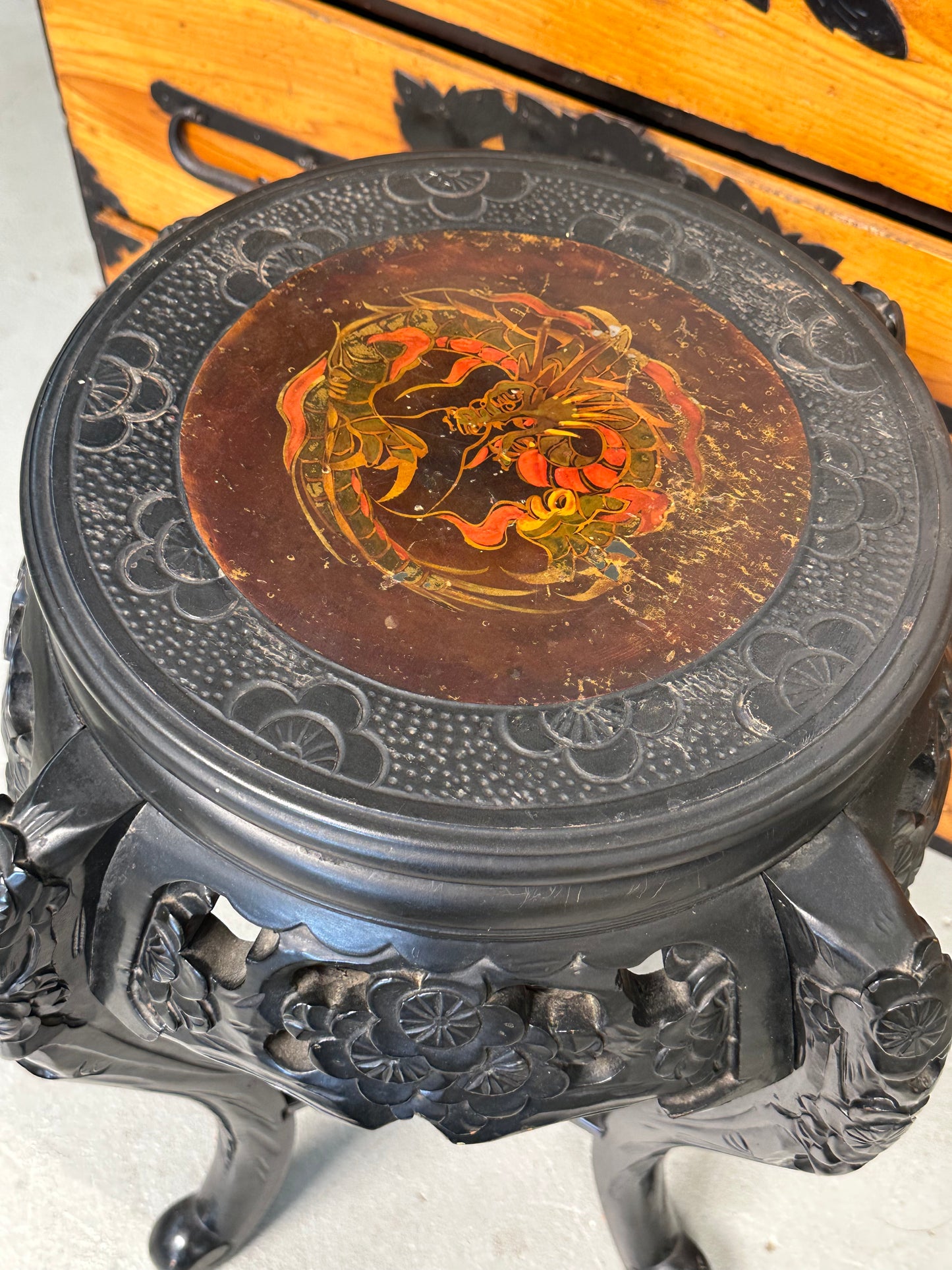 Chinese Carved Hardwood Plant/Vase Stand Lacquered Top w/ Dragon Medallion 24"H