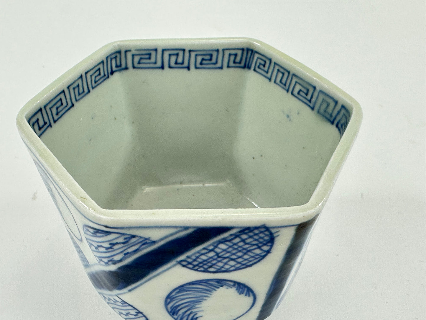 Antique Japanese Arita Imari Blue & White Hexagonal Porcelain Cup 19thC
