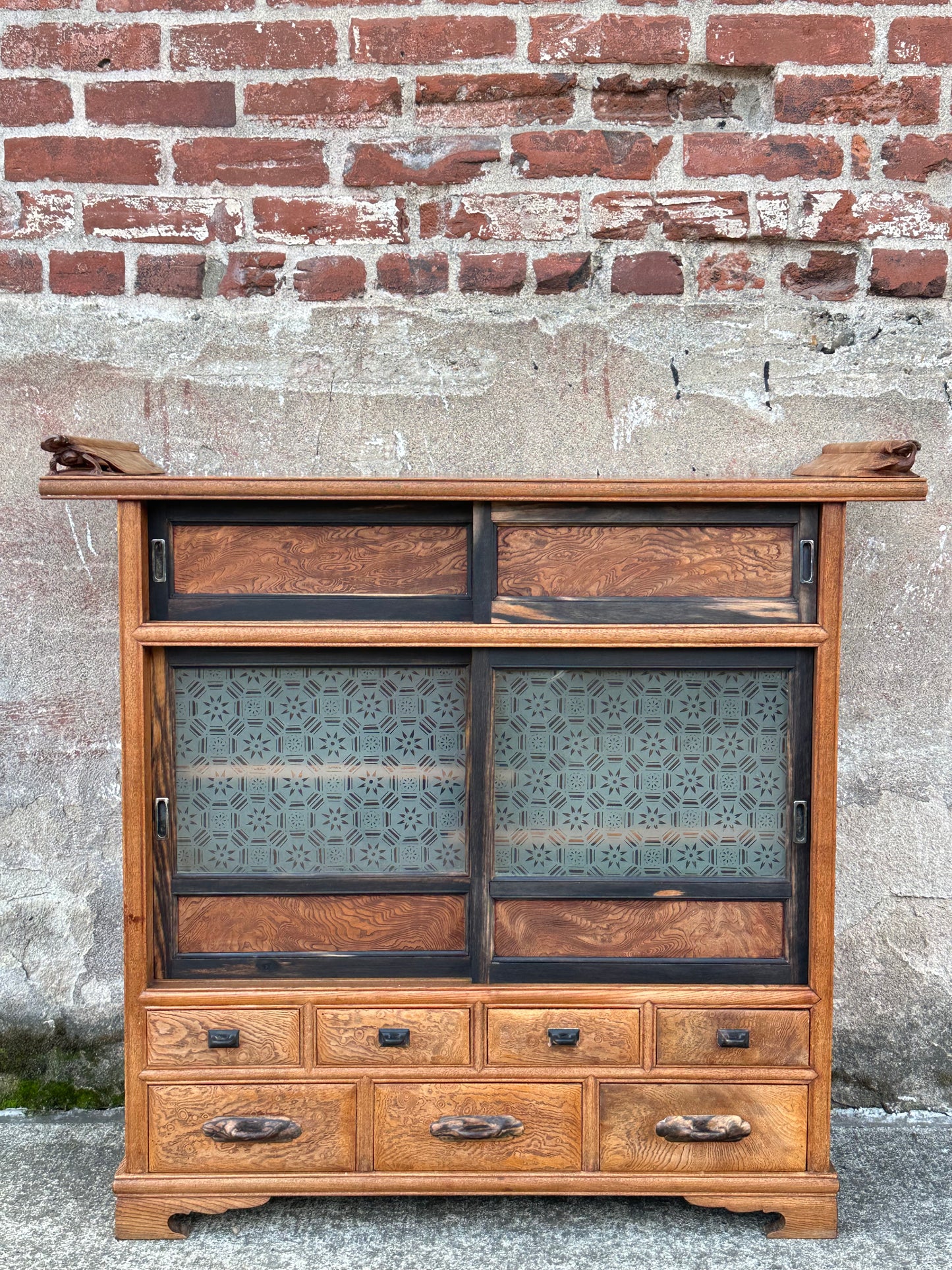 Rare Antique Japanese Keyaki Chadansu c1937 Cabinet Carved Crane & Turtle Finials Persimmon Trim 36"W