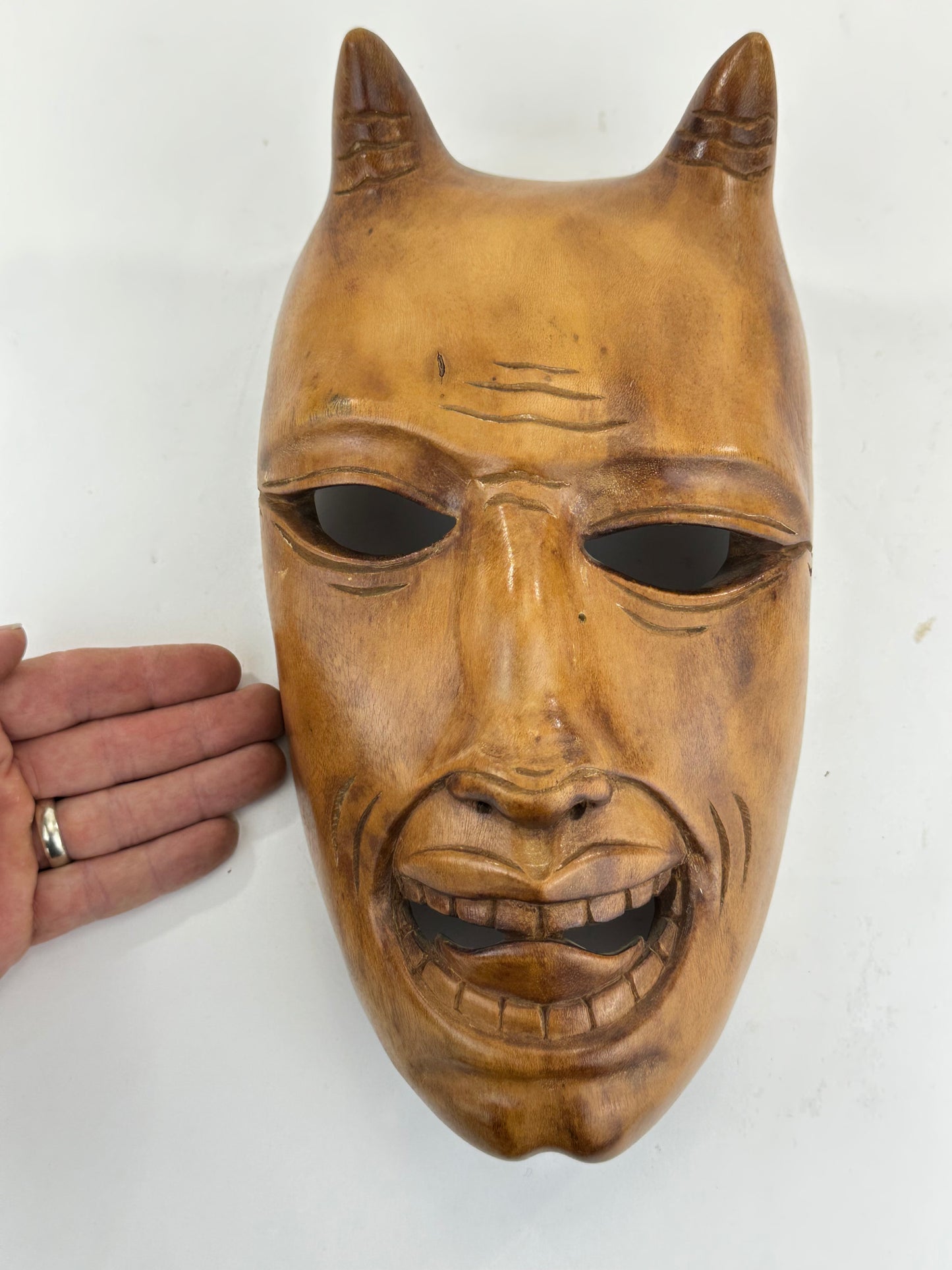 Vintage Japanese c1950's Folk Art Oni Mask Hand Carved Wood Wall Hanging 12"