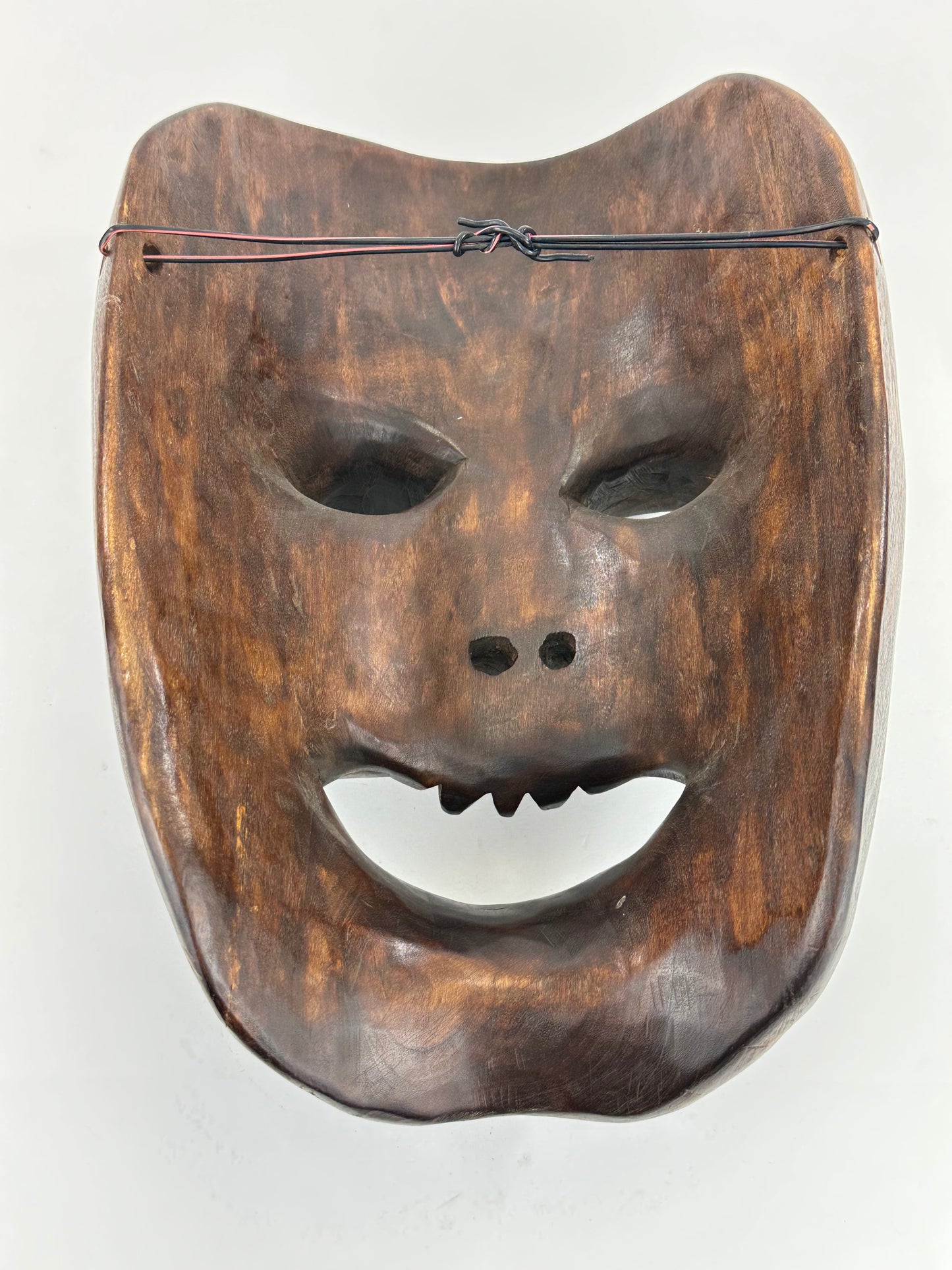 Vintage Japanese c1950's Folk Art Oni Mask Hand Carved Wood Wall Hanging 13"