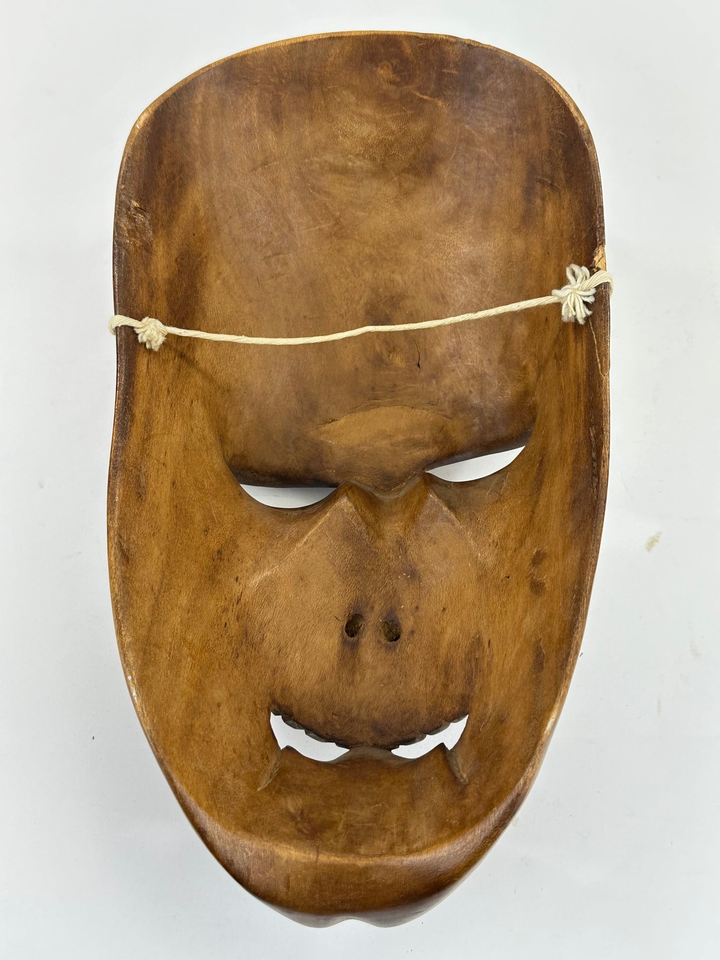 Vintage Japanese c1950's Folk Art Oni Mask Hand Carved Wood Wall Hanging 12"
