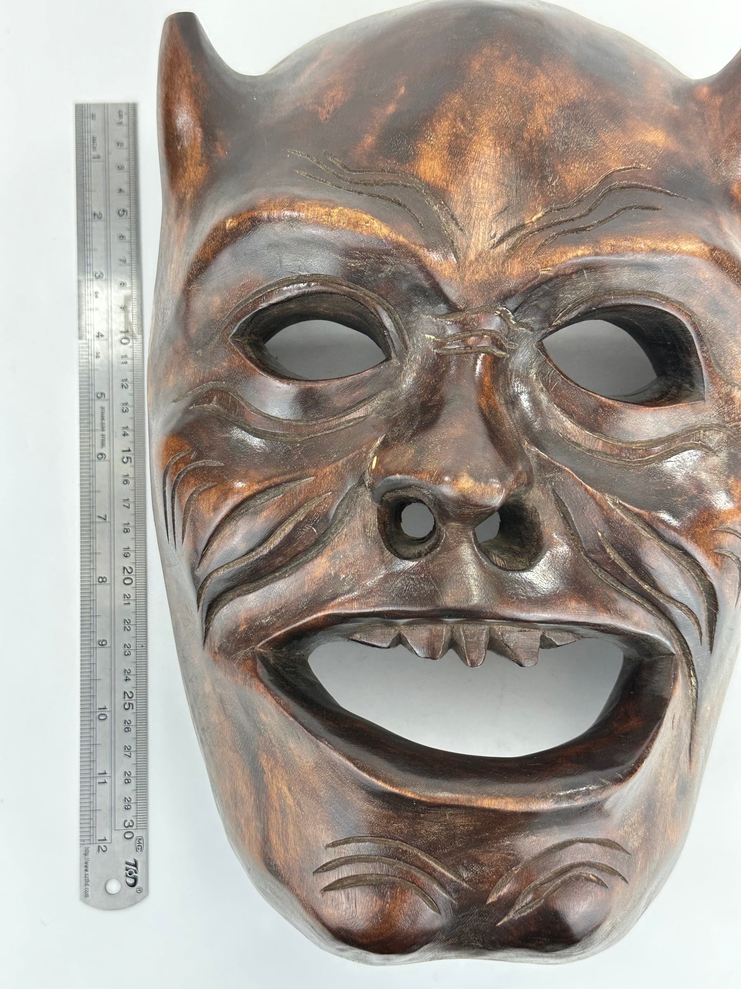 Vintage Japanese c1950's Folk Art Oni Mask Hand Carved Wood Wall Hanging 13"