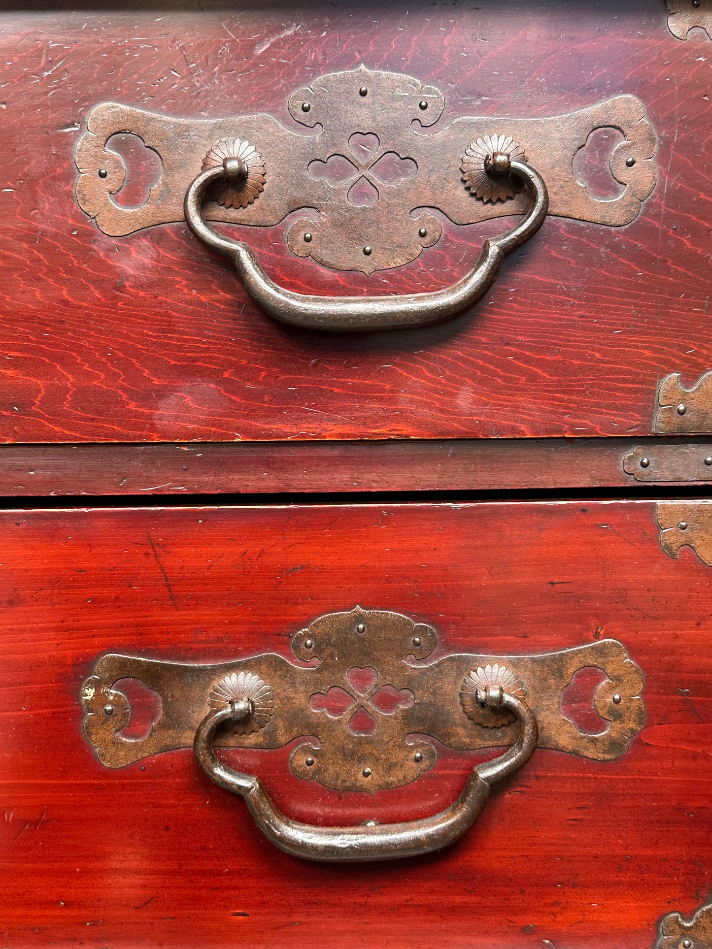 Antique Japanese Meiji Era c1890's Matsumoto Tansu Persimmon & Vermilion Finish 41"H