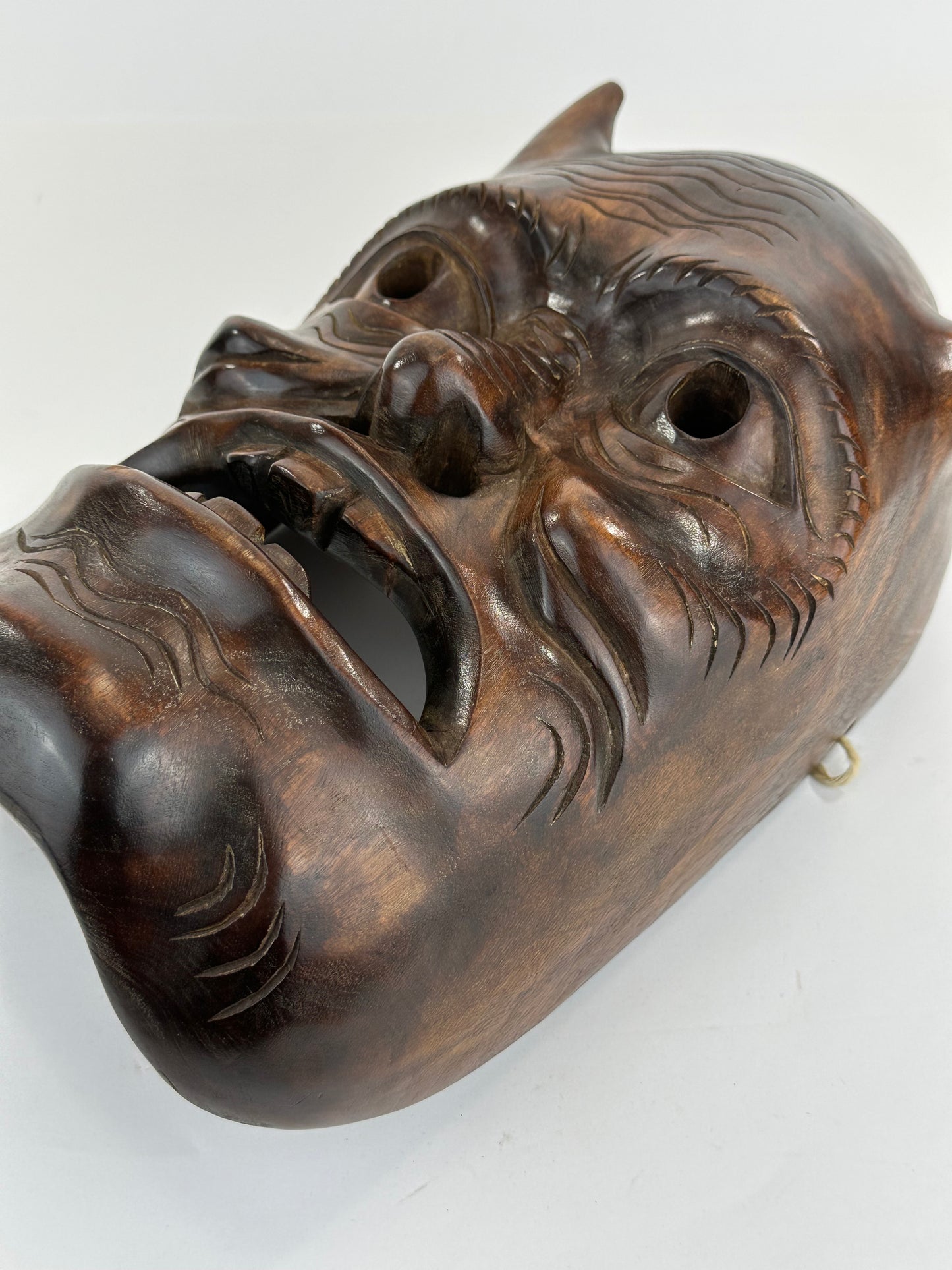 Vintage Japanese c1950's Folk Art Oni Mask Hand Carved Wood Wall Hanging 13"