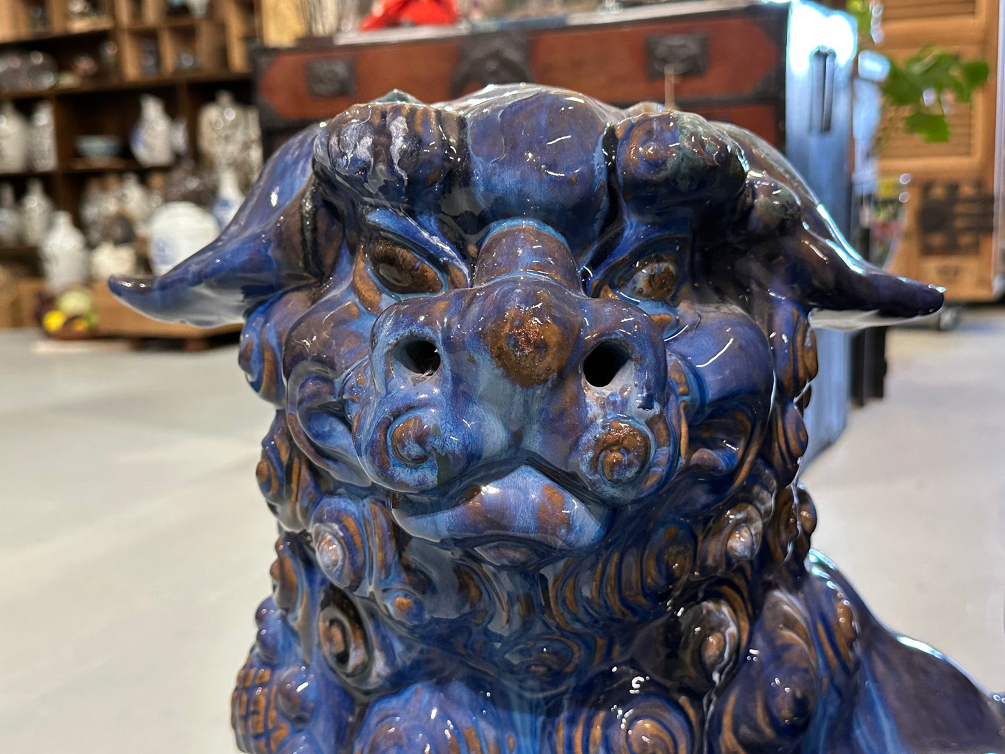 Vintage Chinese Ceramic Foo Dog Pair by Master Tien-Fu Lin Blue Drip Glaze 28”H