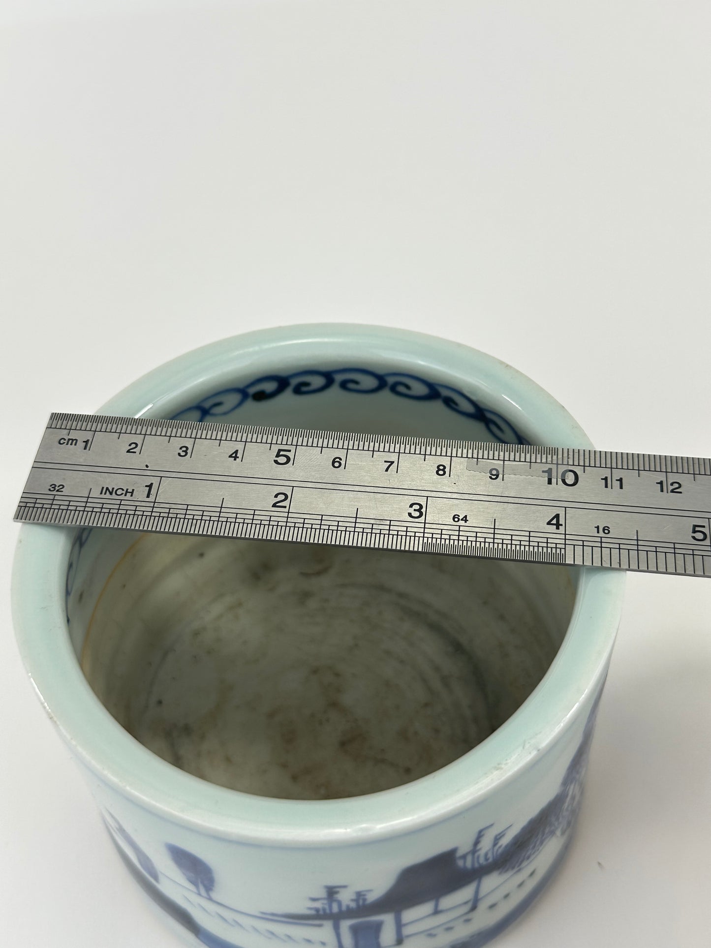 Antique Chinese Qing Period Blue and White Porcelain Brush Pot Landscape Scene 4.5"W