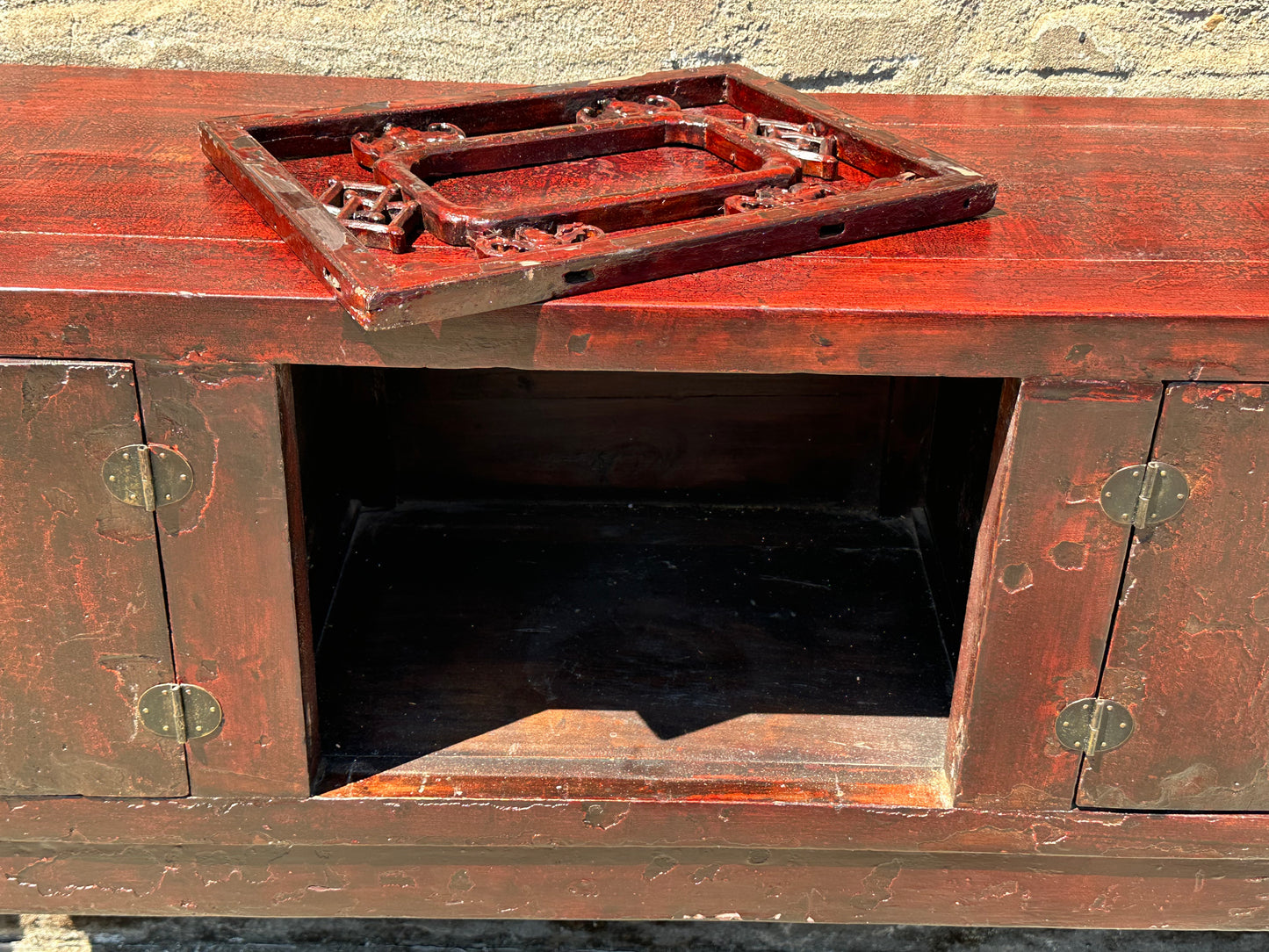 Antique Chinese Qing Red Lacquer Low Sideboard Cabinet Pierced Panel 62"W LS#150