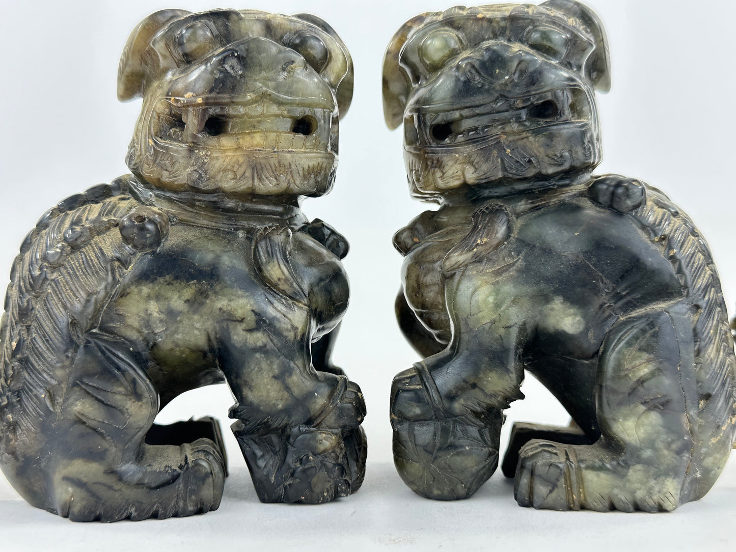 Pair of Hand-Carved Chinese Stone Foo Dogs (Shishi Guardian Lions) 20th C ~4"H