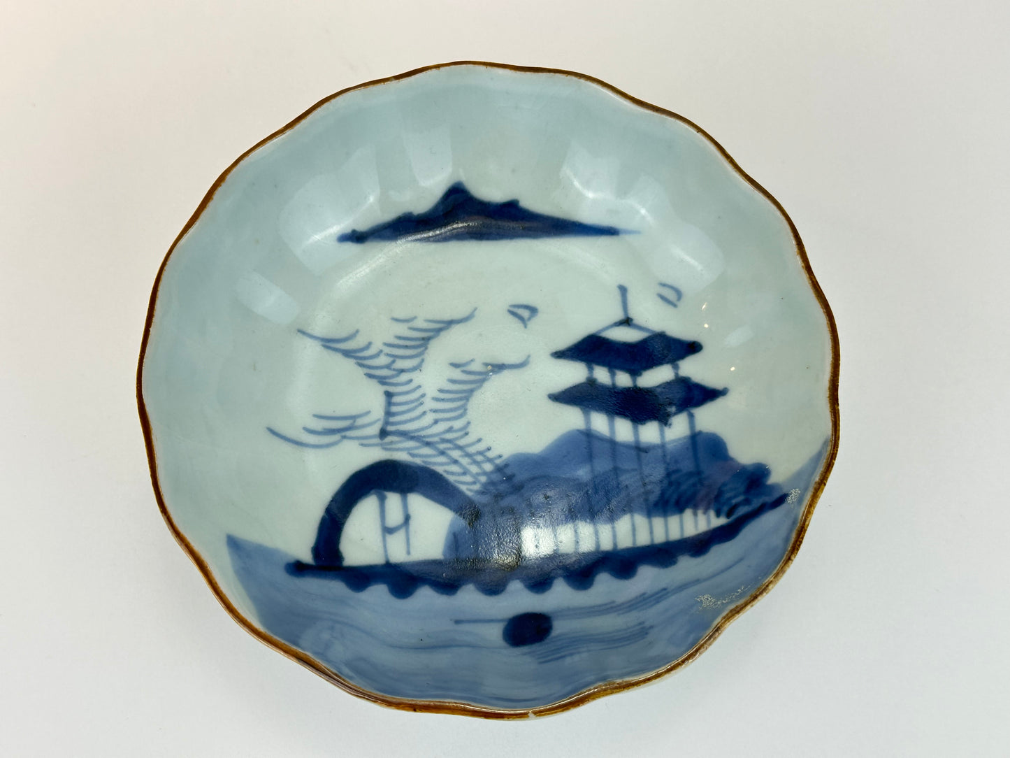 Antique Japanese Imari Scalloped Porcelain Bowl with Underglaze Blue Design 6.25"W