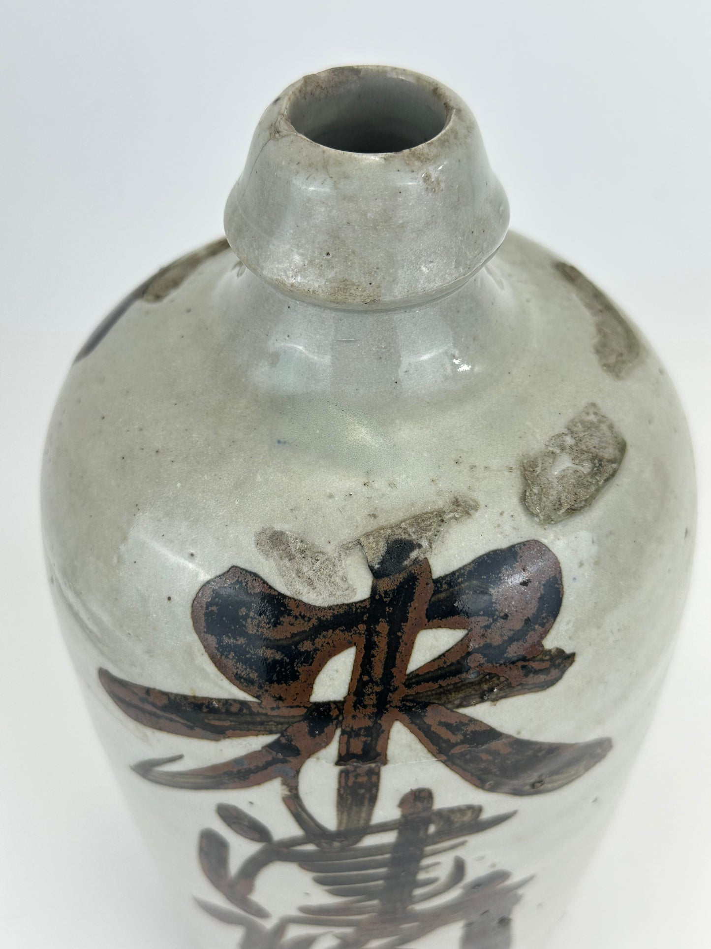 Antique Japanese 1800's Tokkuri Sake Jug Calligraphy Ceramic Mingei Vase 10"