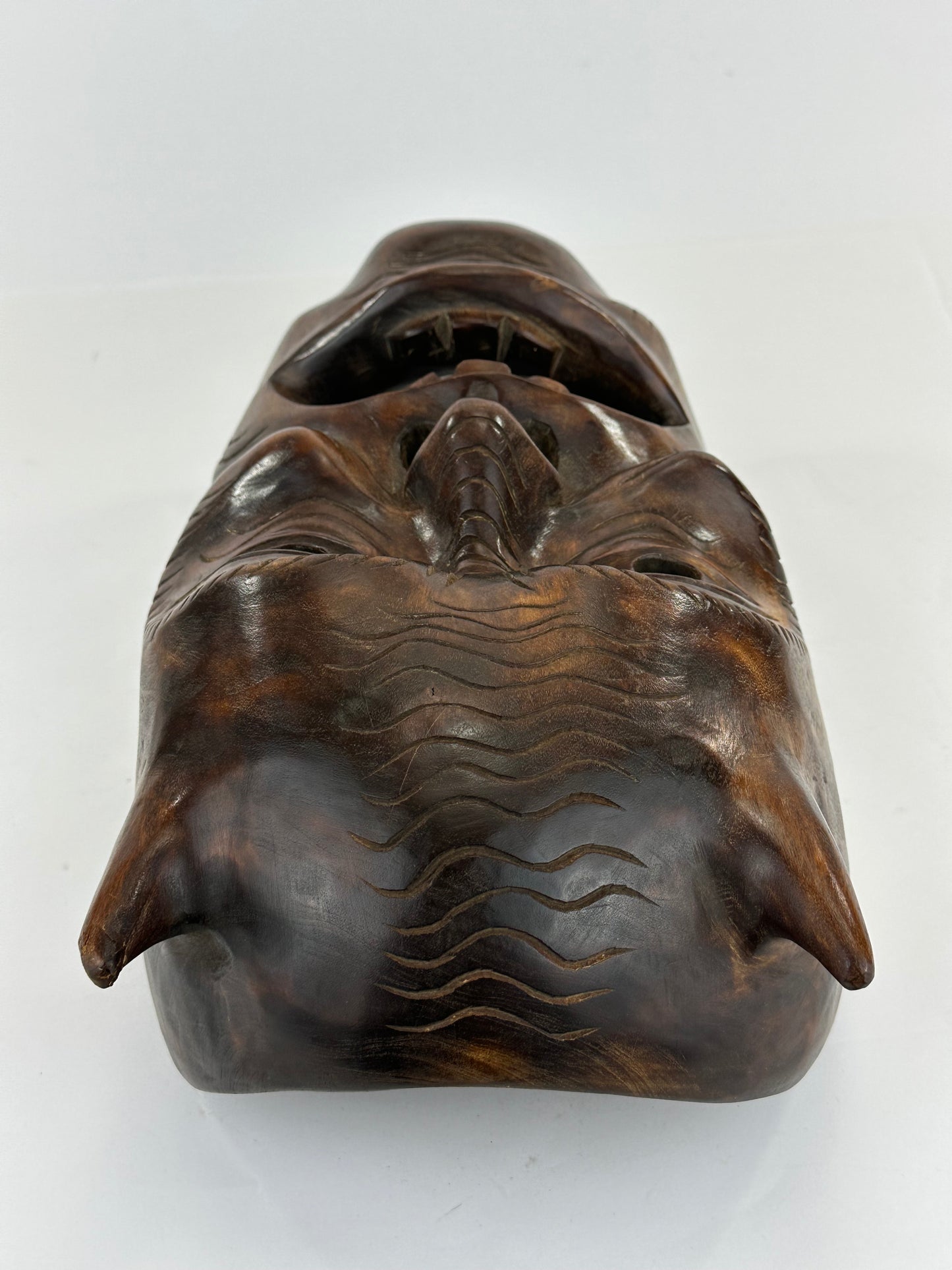 Vintage Japanese c1950's Folk Art Oni Mask Hand Carved Wood Wall Hanging 13"