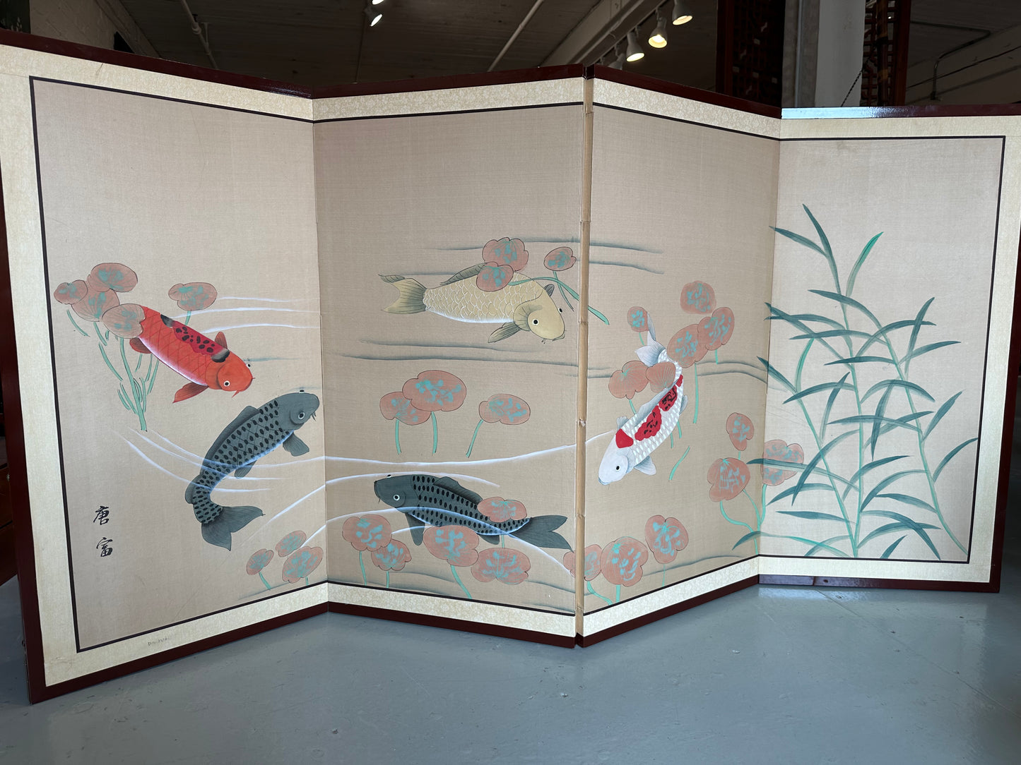 Vintage Japanese 4 Panel Folding Screen Wall Hanging Koi Fish 36"H