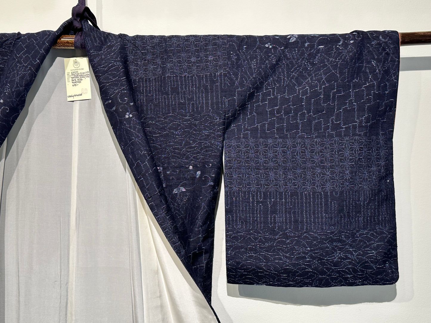 Japanese Tsumugi Ojiya Silk Kimono Hand Spun Dark Blue Asanoha