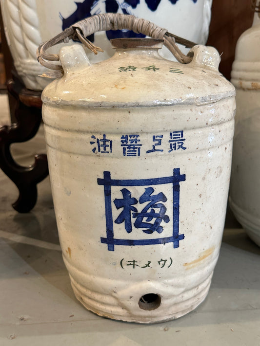 Antique Japanese (c 1910) Hand Painted Sake Tokkuri Jug Blue & White 11"