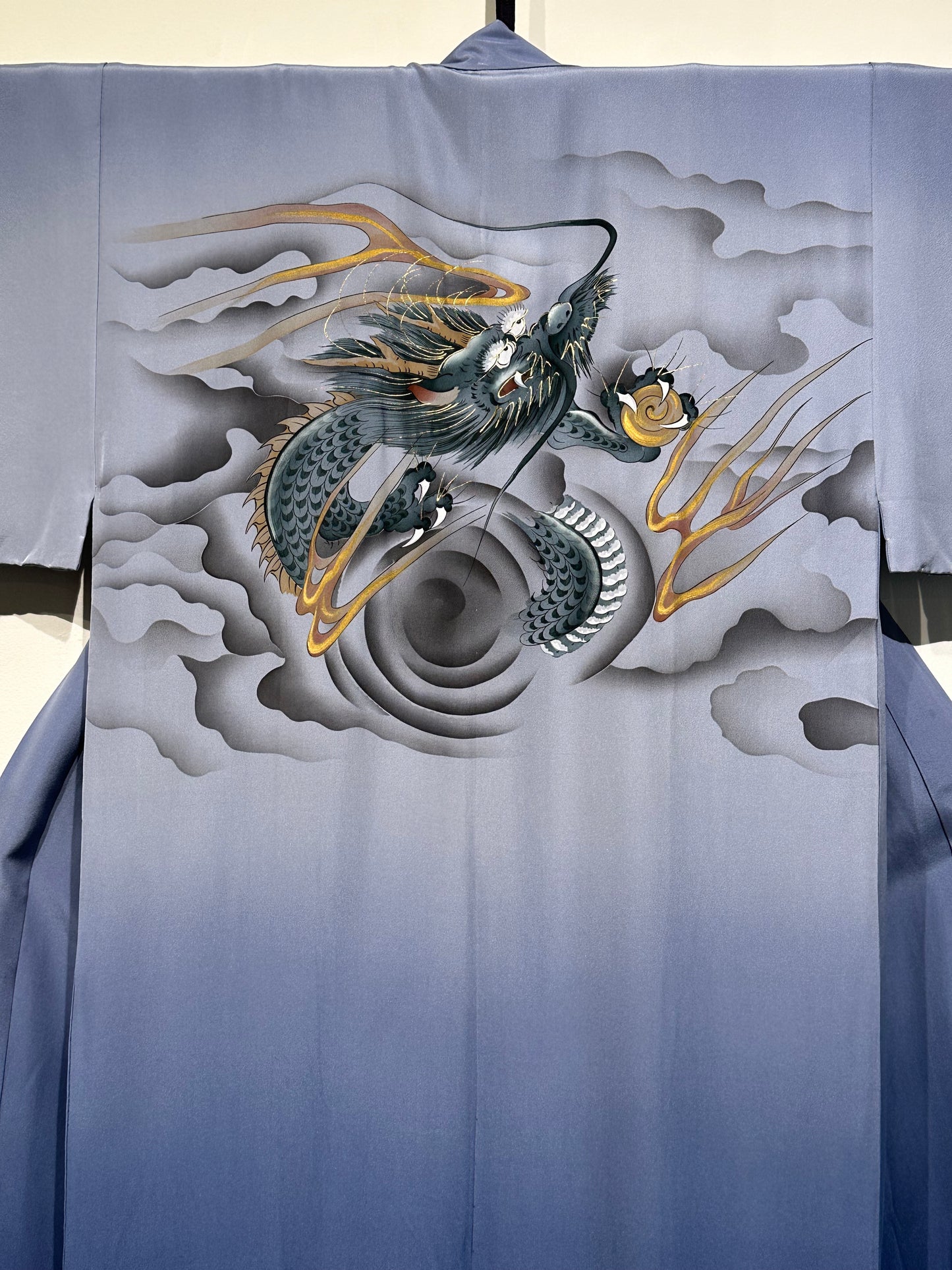 Japanese Silk Kimono Men's Juban Hand Painted Dragon Soft Navy Blue