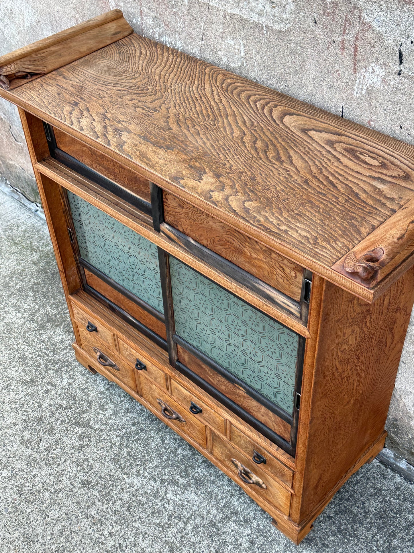 Rare Antique Japanese Keyaki Chadansu c1937 Cabinet Carved Crane & Turtle Finials Persimmon Trim 36"W