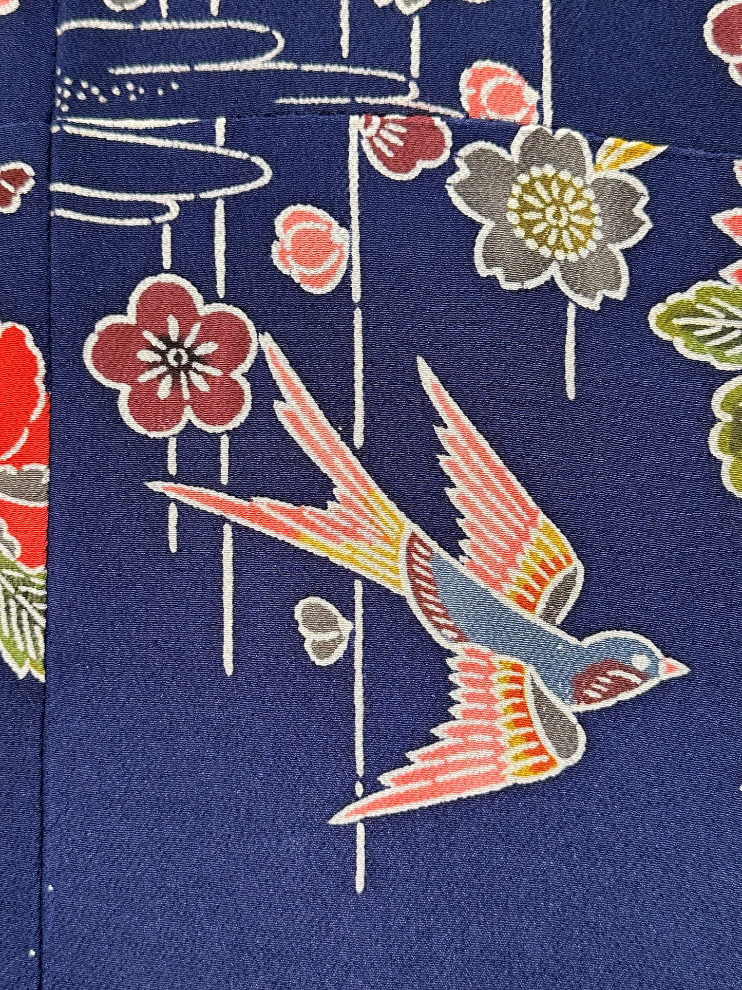 Japanese Chirimen Silk Houmongi Kimono w/ Sparrows & Peonies Dark Blue