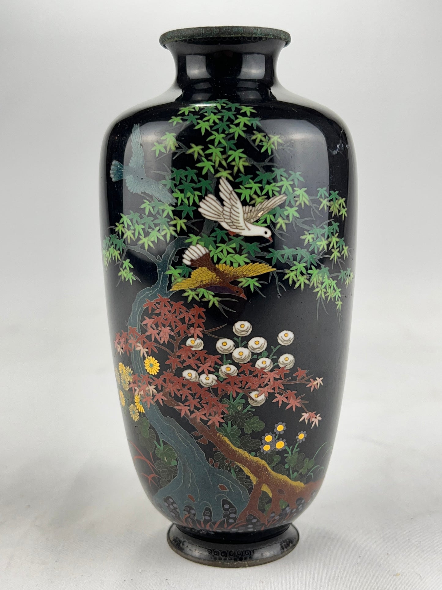 Antique Japanese Meiji Era (c1880) Cloisonné Black Vase Maple Tree & Birds 6”