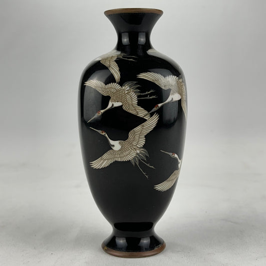 Antique Japanese Meiji Era (c1880) Cloisonné Vase Happiness Cranes 6”