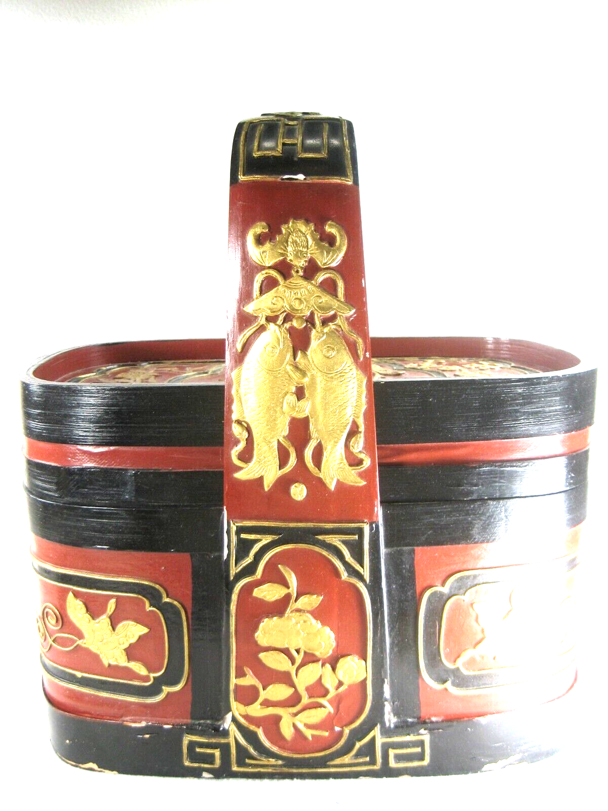 Chinese Ornate Lidded Wooden Lacquer Gold, Red & Picnic Box With Handel