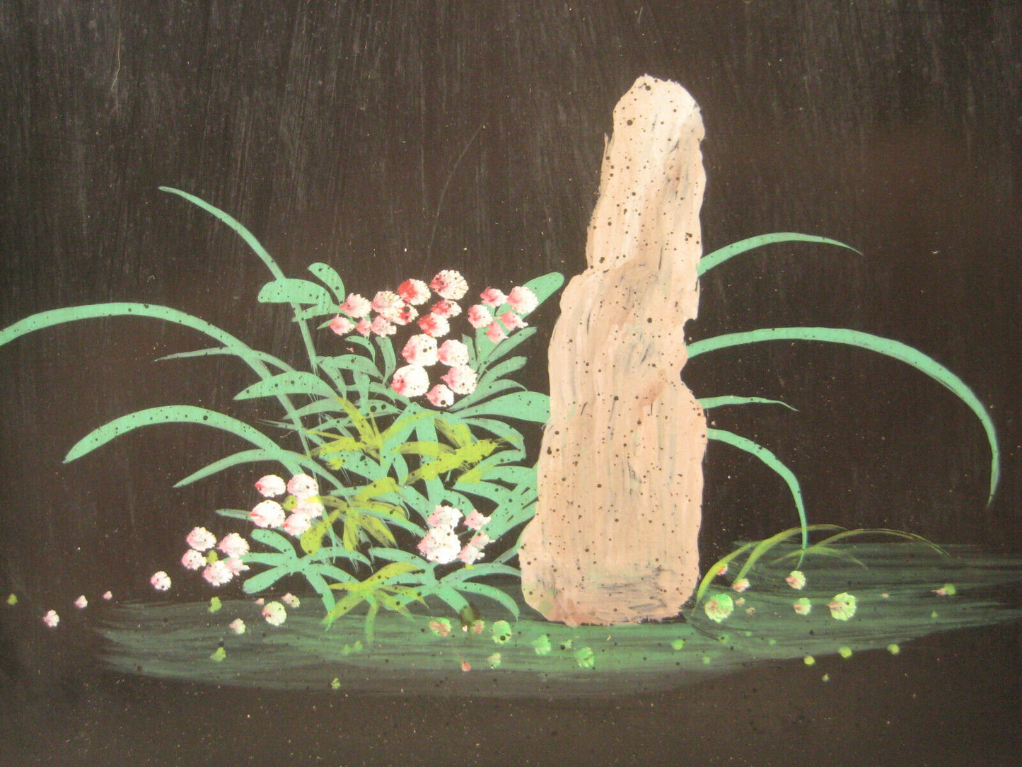 Vintage Chinese Oil Painting On Black With "Embossed" Resin Figurs On Wood